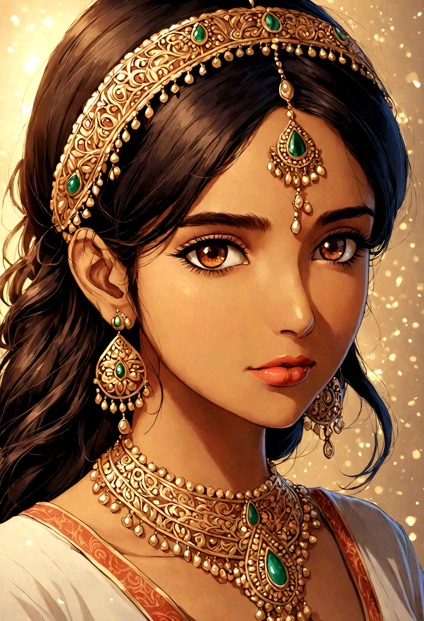 Create a 24-year-old Indian girl with kind beautiful eyes, wearing casual Indian clothes, with slightly wavy hair, beautiful lips, an attractive necklace, beautiful slim ears, and wearing a light chain around her neck,