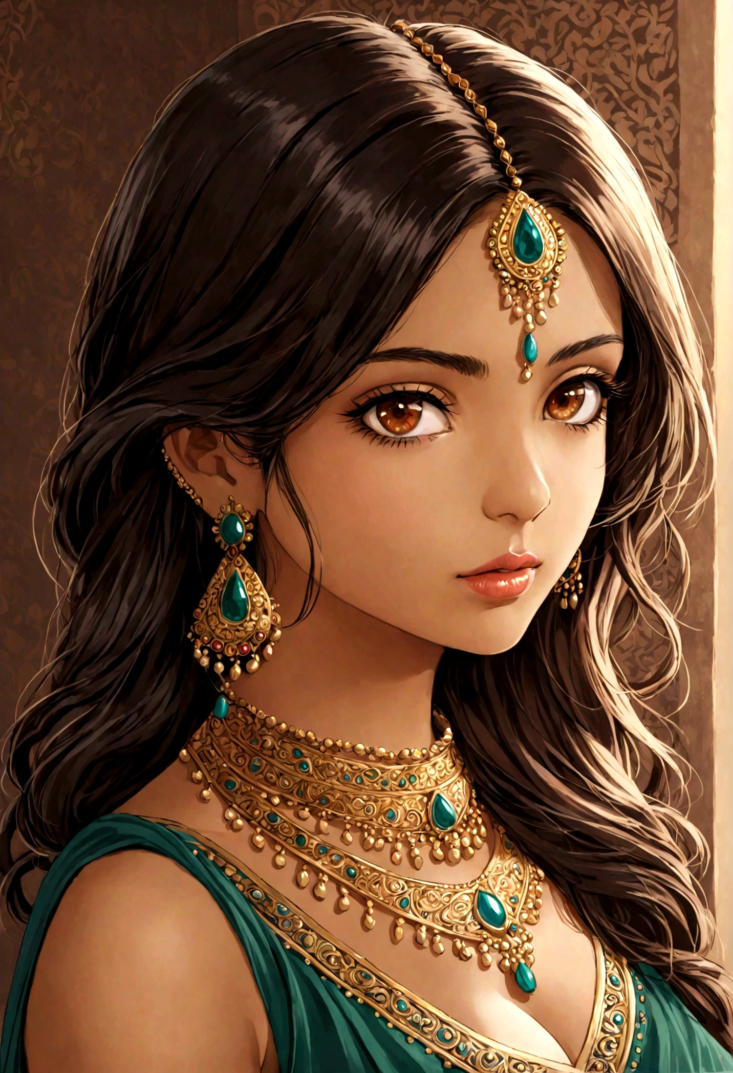 Create a 24-year-old Indian girl with kind beautiful eyes, wearing casual Indian clothes, with slightly wavy hair, beautiful lips, an attractive necklace, beautiful slim ears, and wearing a light chain around her neck,