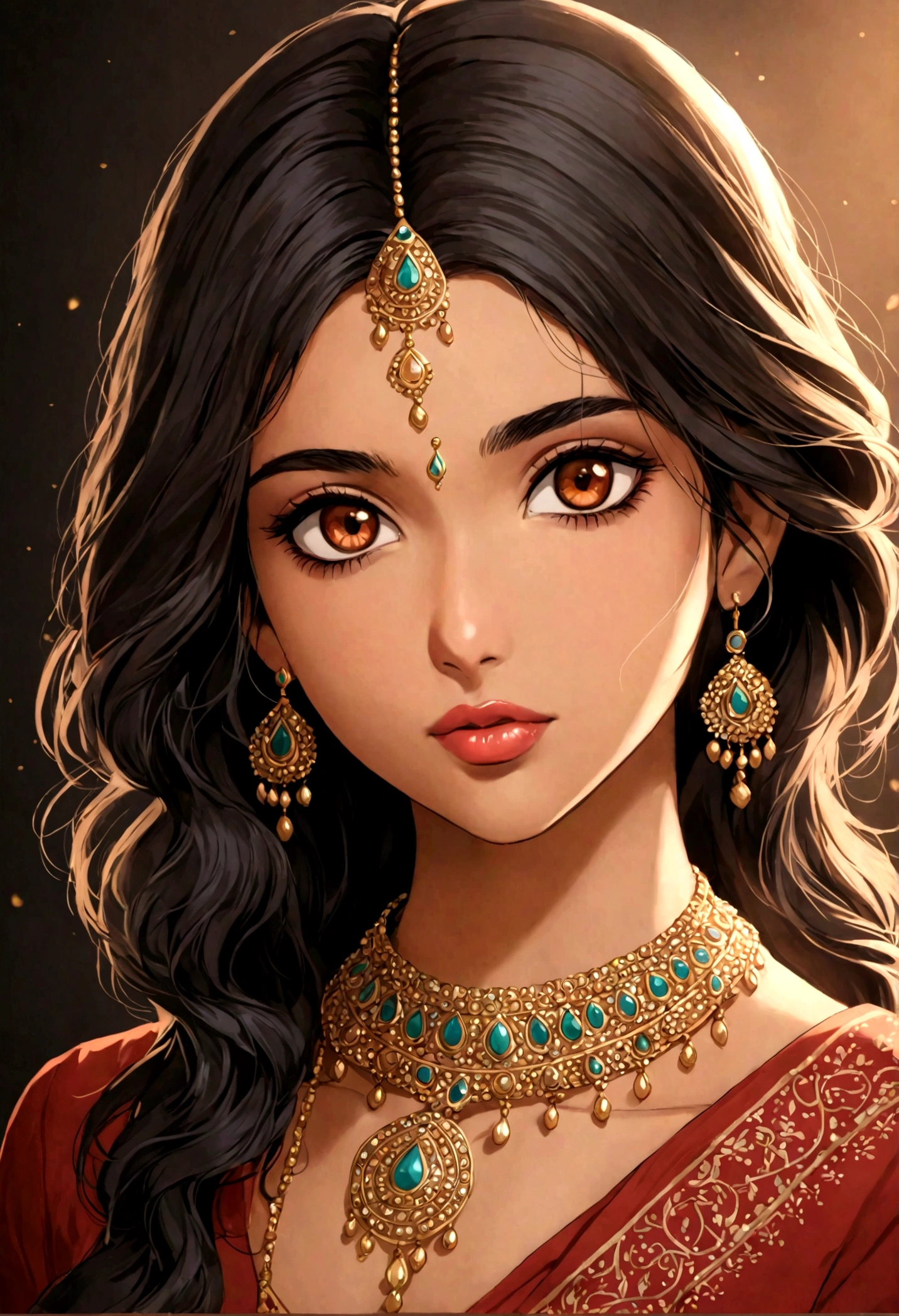 Realistic Photos, lip gloss, NSFW, drawing, emotional, Best Quality, Super High Resolution, depth, Pastel color, Natural Shading, focus on face, Face only, looking at the scenes, 1girl, Dejah Thoris, topless, long hair, Black hair, Amber and well-detailed eyes, amber eyes, pale white skin, (smile:1), detailed wallpaper, looking into the camera, black background, calm look, elaborate jewelry in her hair