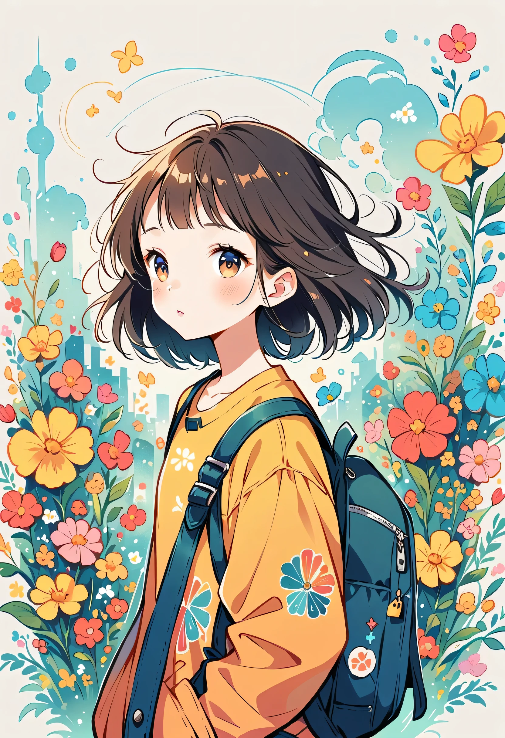 Fujichoco style, Standing in front of a high wall,Girl with backpack on rooftop,My backpack is full of happy spring,Simple Line Initialism,Abstract art,Urban Background, (((The most beautiful girl))),