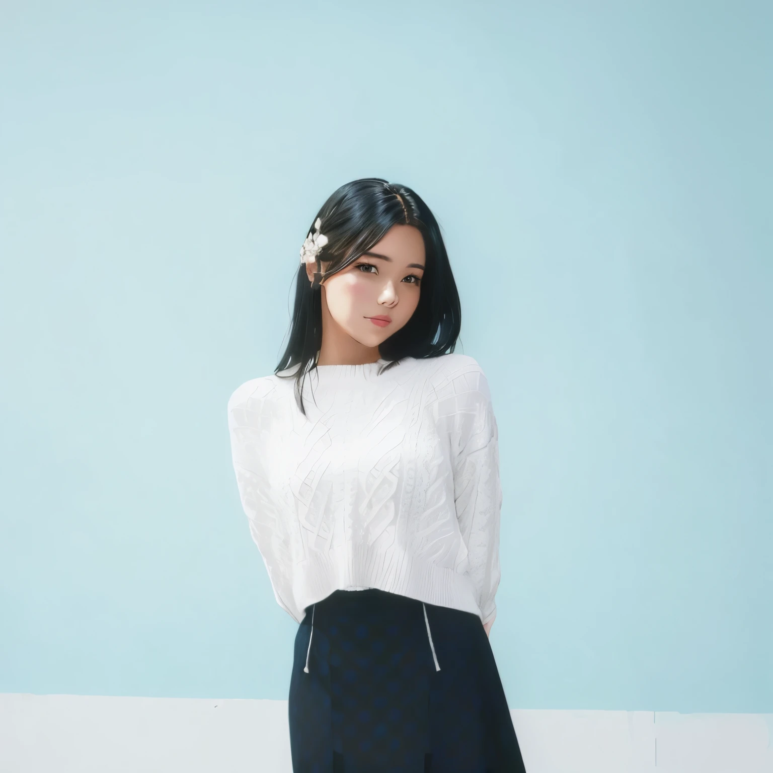 a woman in a white sweater and a black skirt posing for a picture, anime