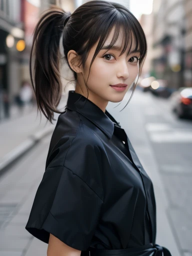 1 Japanese girl,(Shirt dress:1.4),(Spring clean fashion), (RAW Photos, highest quality), (Realistic, Photorealistic:1.4), Cowboy Shot, Very delicate and beautiful, Very detailed, 8k wallpaper, wonderful, In detail, Very detailedなCG Unity, High resolution, Soft Light, Beautiful details 25 years old, Very detailedな目と顔, Beautifully detailed nose, ((Beautiful fine details,Looking at this、In focus)), Cinema Lighting,Ginza streetscape,((Perfect Anatomy),Slender body, G-Cup:1.4), smile (My hair is messy, Asymmetrical bangs, Black Hair,ponytail:1.4)