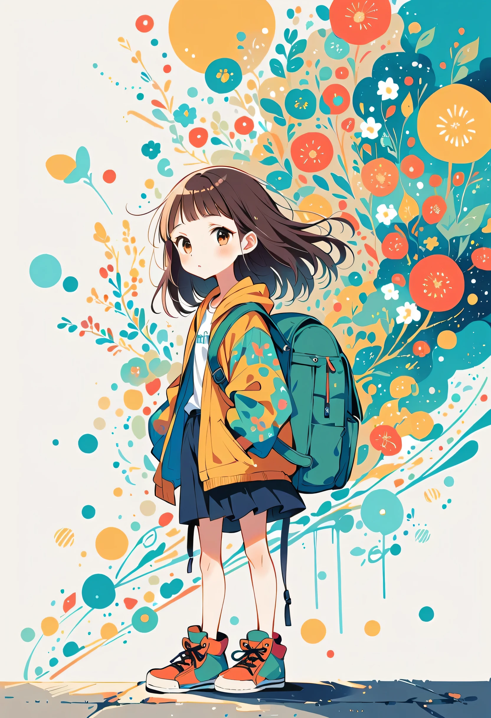 Fujichoco style, Standing in front of a high wall，Girl with backpack on rooftop，My backpack is full of happy spring，Simple Line Initialism，Abstract art，Urban Background, (((The most beautiful girl))),