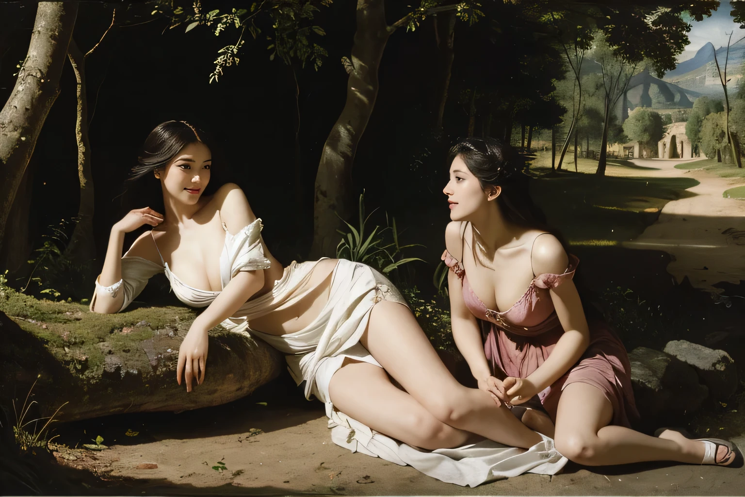 Giorgione painting style,Barbizon forest A beautiful woman in Greek dress smiles on the shore,Sweet and seductive appearance.、Caravaggio's paintings、Chiaroscuro of Caravaggio、hair tousled by the wind,Two women frolicking,cute smile, expression of ecstasy,Sexy,erotic, full body portrait
