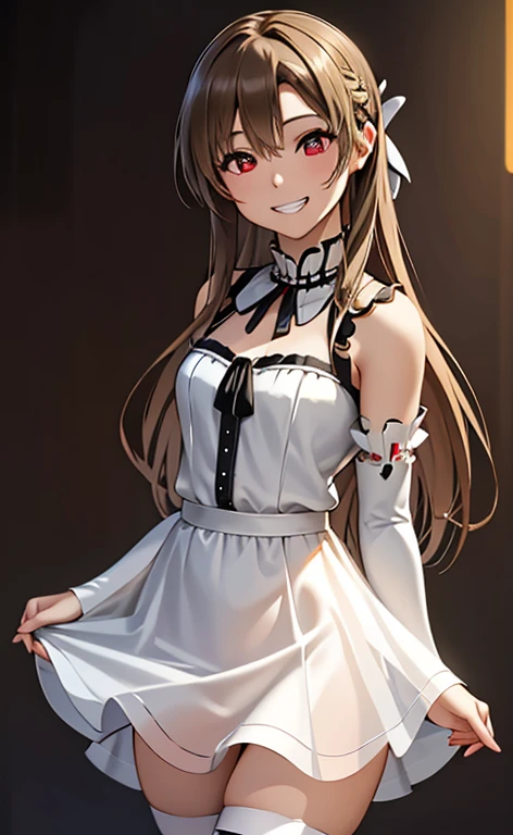 (Photorealistic:1.4)、(asuna,20-year-old:1.5),(masterpiece、lens flare:1.5、spot light:1.2、Exquisite beautiful eye:1.5,portlate),(kind eyes、tareme:1.2),(Demure:1.2)
、Cute Face、 3D Face、(light brown hair:1.5)、(straight hair:1.3),(1 woman)、(Red eyes:1.2)、(cowboy shot:1.5))、(grin:1.5)、(head tilt) ,(Cute face:1.2),(flat chest),(half closed eyes:1.2),kind face,(neck holder white red lace frilled gothic lolita dress),(black background:1.5)、(glowing eyes:1.3)、()、 Neat and clean、Adorable、Slim Body(Tareme:1.5),Shiny Hair、(Glowing pink Skin)、Nijisketch,Manga,beautifuljapanesewoman