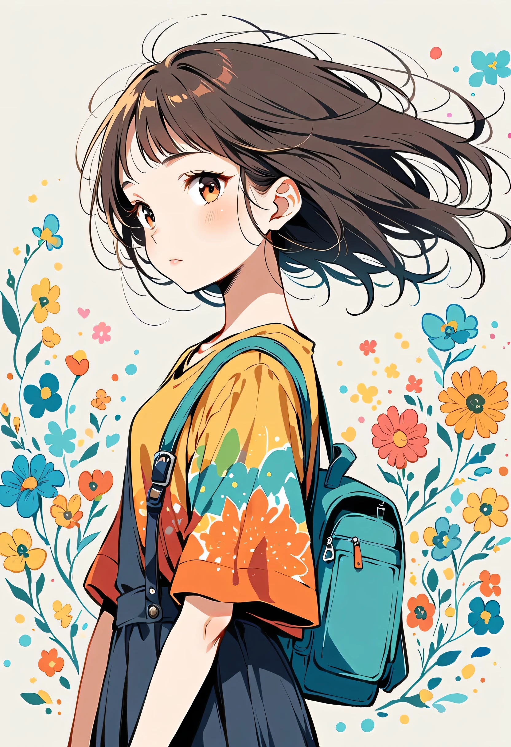 Fujichoco style, Standing in front of a high wall,Girl with backpack on rooftop,My backpack is full of happy spring,Simple Line Initialism,Abstract art,Urban Background, (((The most beautiful girl))),