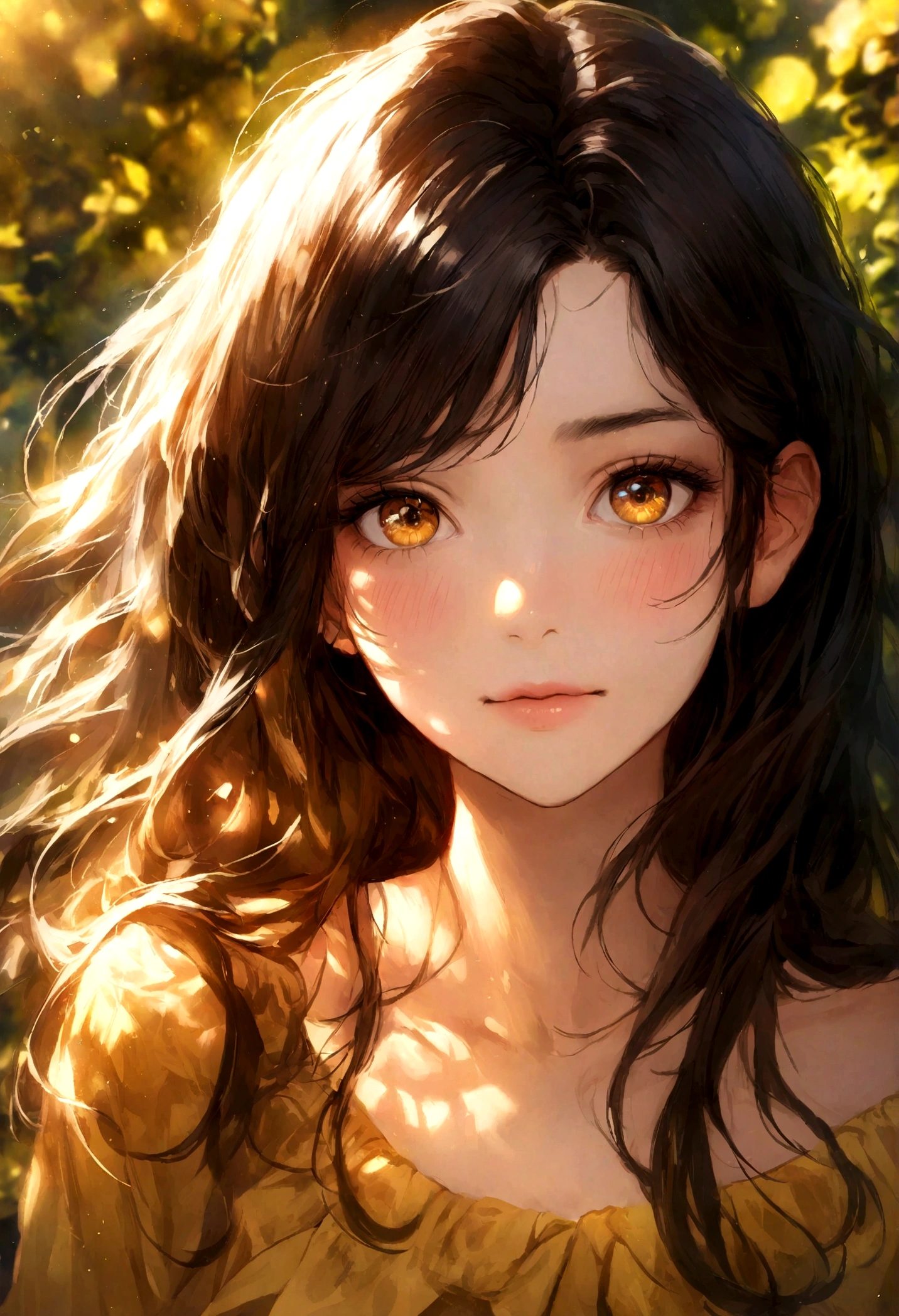 A photorealistic portrait of a 21-year-old colombian girl with long, flowing dark hair and striking clair eyes. She should have a natural, approachable expression and be illuminated by soft, golden-hour sunlight. The background should be a scenic outdoor setting, perhaps a sunlit park or beach. Capture this image with a high-resolution photograph using an 85mm lens for a flattering perspective.