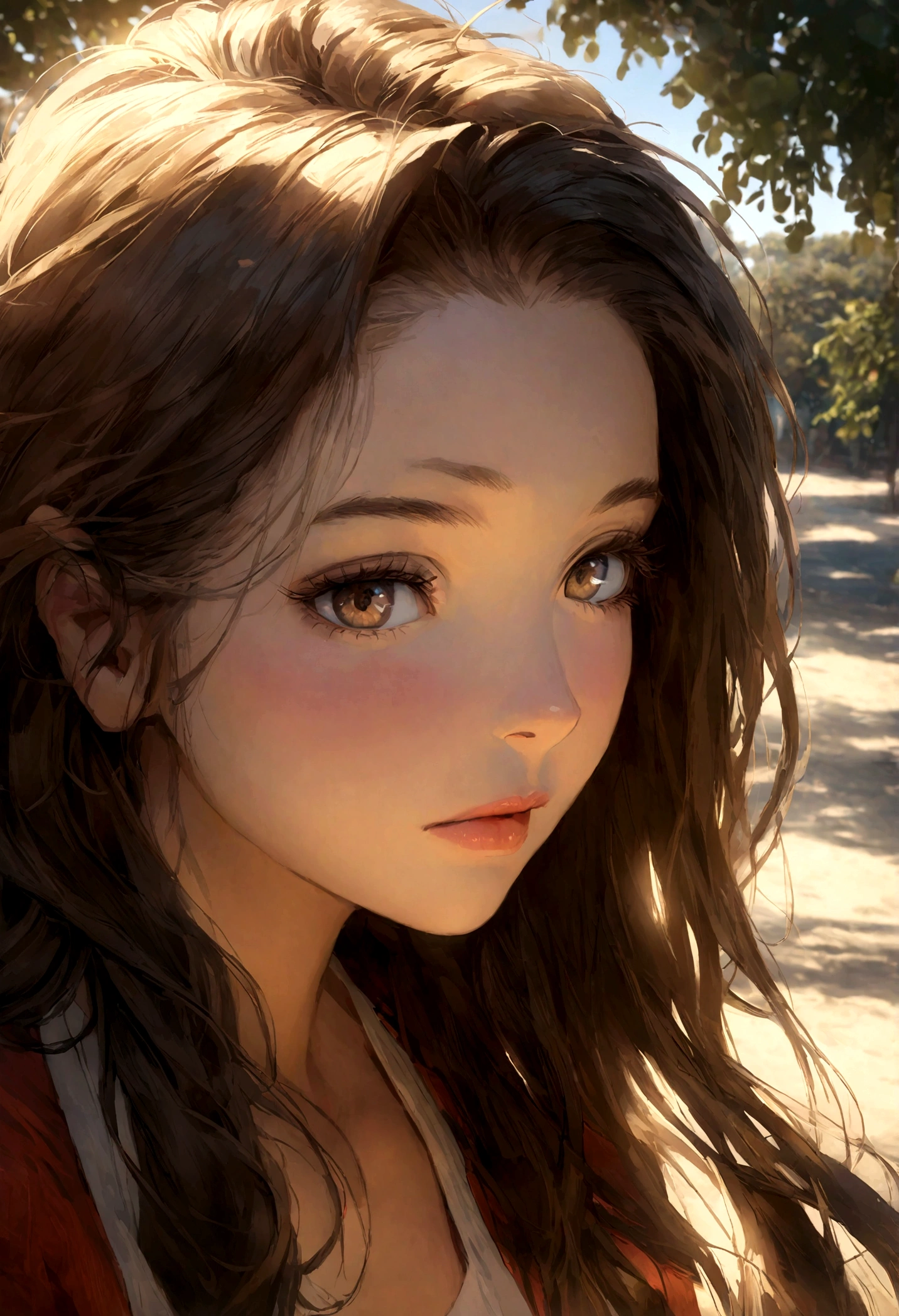 A photorealistic portrait of a 21-year-old colombian girl with long, flowing dark hair and striking clair eyes. She should have a natural, approachable expression and be illuminated by soft, golden-hour sunlight. The background should be a scenic outdoor setting, perhaps a sunlit park or beach. Capture this image with a high-resolution photograph using an 85mm lens for a flattering perspective.
