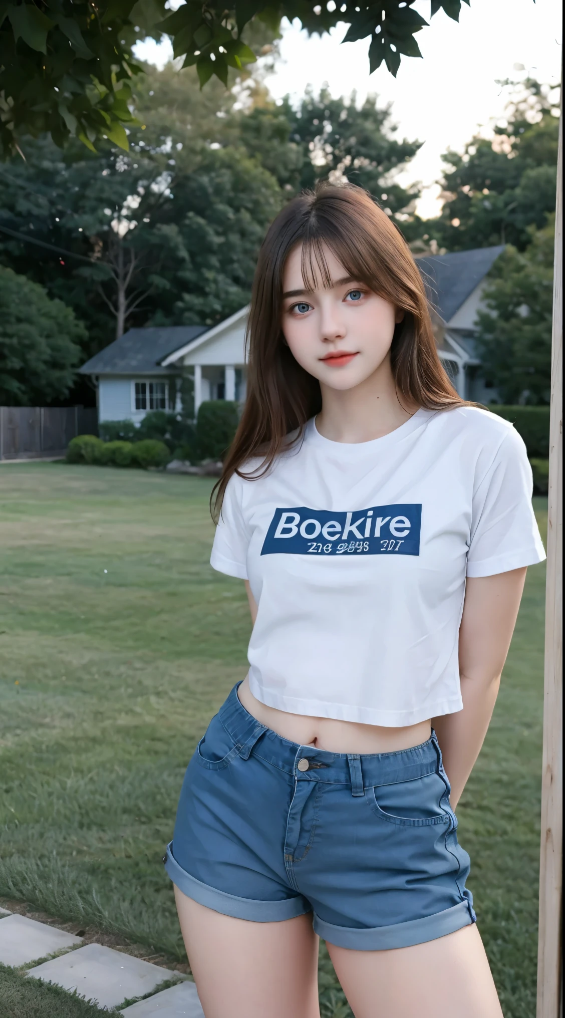 One beautiful girl, (Japanese beautiful girl, Delicate:1.3), (18-year-old:1.3),
break, (Lush countryside　background:1.2),
break, Shy laugh, Very beautiful eyes, (Symmetrical eyes:1.3),
break, (E cup breasts:1.3), Cropped Logo T-shirt:1.3, hot pants:1.3, Beautiful legs, Brown eyes, Parted bangs, Brown bob cut hair, Round face, cute,
break, (Eye and facial details:1.0),
break, (masterpiece, Highest quality, Very detailed, Detailed face, 8k)