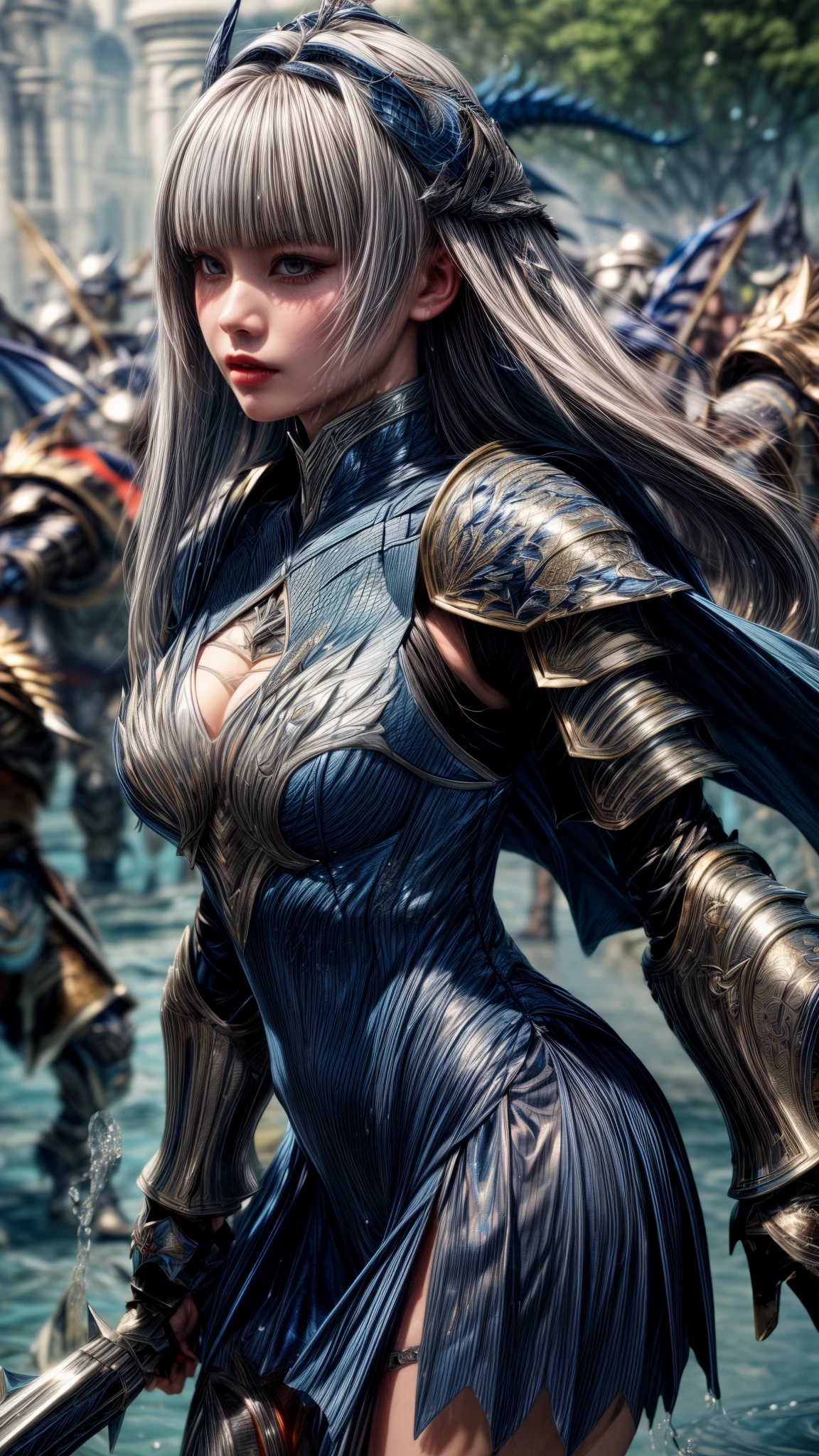 Very beautiful woman、Slender women、(Detailed face)、Realistic Skin、((Water Knight:1.1)), ((Navy Blue Armor))、((((Dark blue armor with very fine platinum detailing:1.5))))、((Delicate photo)),(Girl Astepeace RAW Photo Details:1.25), (highest quality:1.6), (超A high resolution:1.5), (Realistic:1.75), 8K resolution, Canon EOS R5, 50mm, Absurd, Super detailed,Cinema Lighting,((Fightfield))、((Fight))、(((White skirt with embellishments)))、Thigh-high socks、Shingard、((Light blue hair))、((Bowl cut hairstyle with bangs))、(Six Pack:1.1)、Cape、Beautiful Armor、(((Has a huge weapon)))、(In combat)、The wind is blowing、((Symmetrical armor))、((((splash:1.1))))、(((Leads a large group of blue knights:1.2)))、banner、(Armor with a dragon motif)、(((Battle Scenes)))、(blue Dragon)、