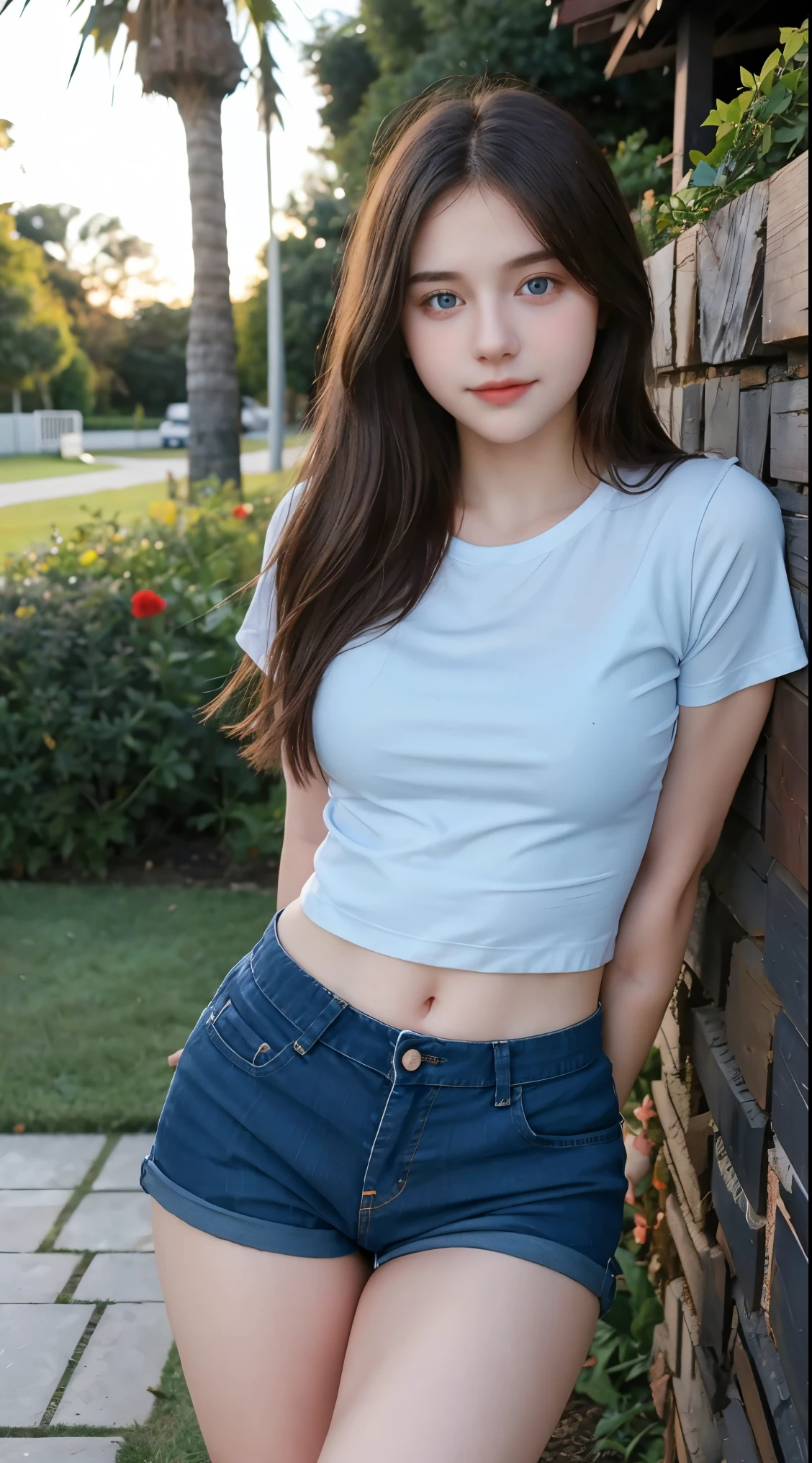 Gorgeus Girl, Beautiful, , 20 Years Old, White Skin, Beside, Sexy Pose, dark blue t-shirt, Blue Eye, Bokeh, front yard of the house Background, Masterpiece, Fullbody Shot, short pants, naked