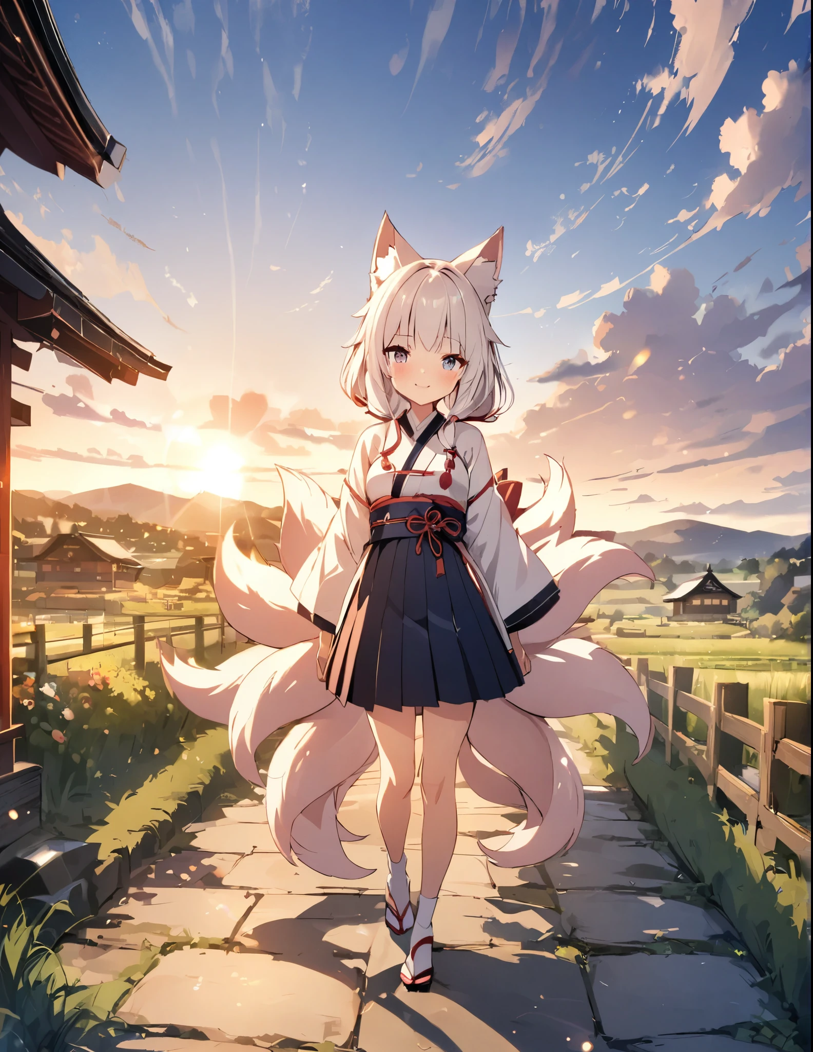 (anime)、(masterpiece:1.2),atmospheric perspective,lens flare、nine tailed fox、girl、cute、Good old Japanese countryside、Subfox、One Girl