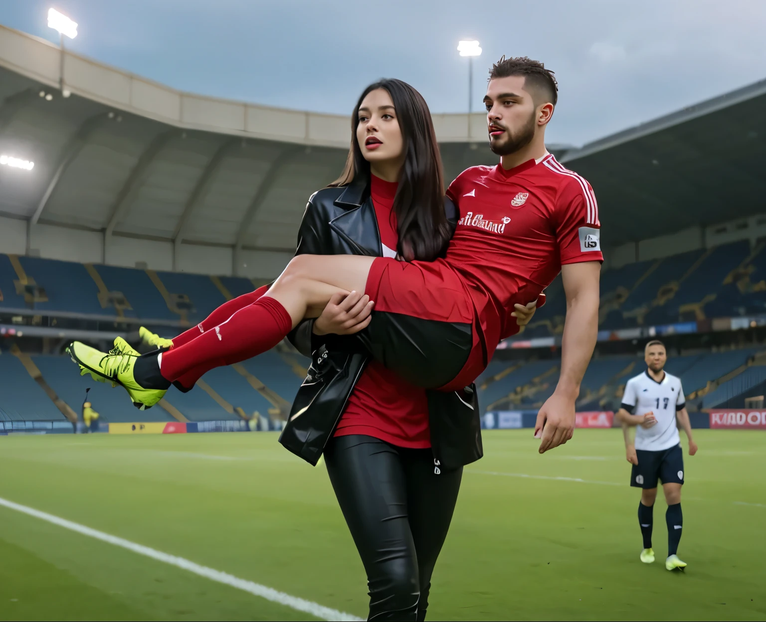 fainting, fainted man, unconscuous man, passed out, Andrea carries the wounded man's body in her hands, Andrea grabs his legs and his body with her hands, the bearded man in Andrea's arms is visibly in pain, stadium atmosphere, the bearded man is lying consciousless in Andrea's arms with one arm hanging down, A scene at a soccer stadium, a bearded man lying in a caring women's arms, lying helpless in her arms with his head dangling down, he has one arm dangling down while being carried in the women's arms, There is an attractive and heavily made-up woman in a long black leather coat, A pretty woman in a shiny black leather coat on a soccer field, A wonderful woman is holding a passed out man, A man in matt and roughened sportswear is held diagonal in her arms, a man in a woman's arms and lets one arm dangling down, we see the man held in front of the woman's body, the man is cradled in the woman's arm while being carried, the beautiful woman is exceptionally heavily made up and has an extremely desperate and very angry expression on her face, high-resolution photo, realistic sports photo, soccer scene, woman in black shiny long leather coat, injury scene, real photo, ultra realistic, high definition, sports photography