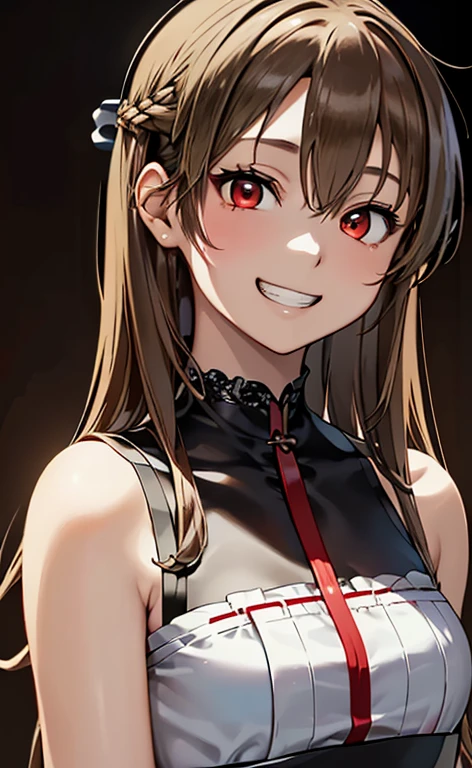 (Photorealistic:1.4)、(asuna,20-year-old:1.5),(masterpiece、lens flare:1.5、spot light:1.2、Exquisite beautiful eye:1.5,portlate),(kind eyes、tareme:1.2),(Demure:1.2)
、Cute Face、 3D Face、(light brown hair:1.5)、(straight hair:1.3),(1 woman)、(Red eyes:1.2)、(upper body:1.5))、(grin:1.5)、(head tilt) ,(Cute face:1.2),(flat chest),(half closed eyes:1.2),kind face,(neck holder white red lace gothic lolita dress),(black background:1.5)、(glowing eyes:1.3)、()、 Neat and clean、Adorable、Slim Body(Tareme:1.5),Shiny Hair、(Glowing pink Skin)、Nijisketch,Manga,beautifuljapanesewoman