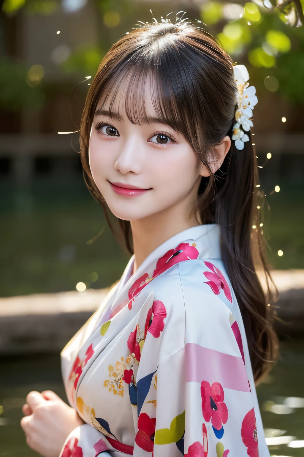 （kimono）、(highest quality、8k、High resolution、masterpiece:1.2)、Very detailed、(Realistic、photoRealistic、photo-Realistic:1.3)、Bokeh、(Natural and detailed eyes、beautiful girl、Young Face、Detailed face、No makeup)、Backlight、smile、Caustics、Hot Spring Town