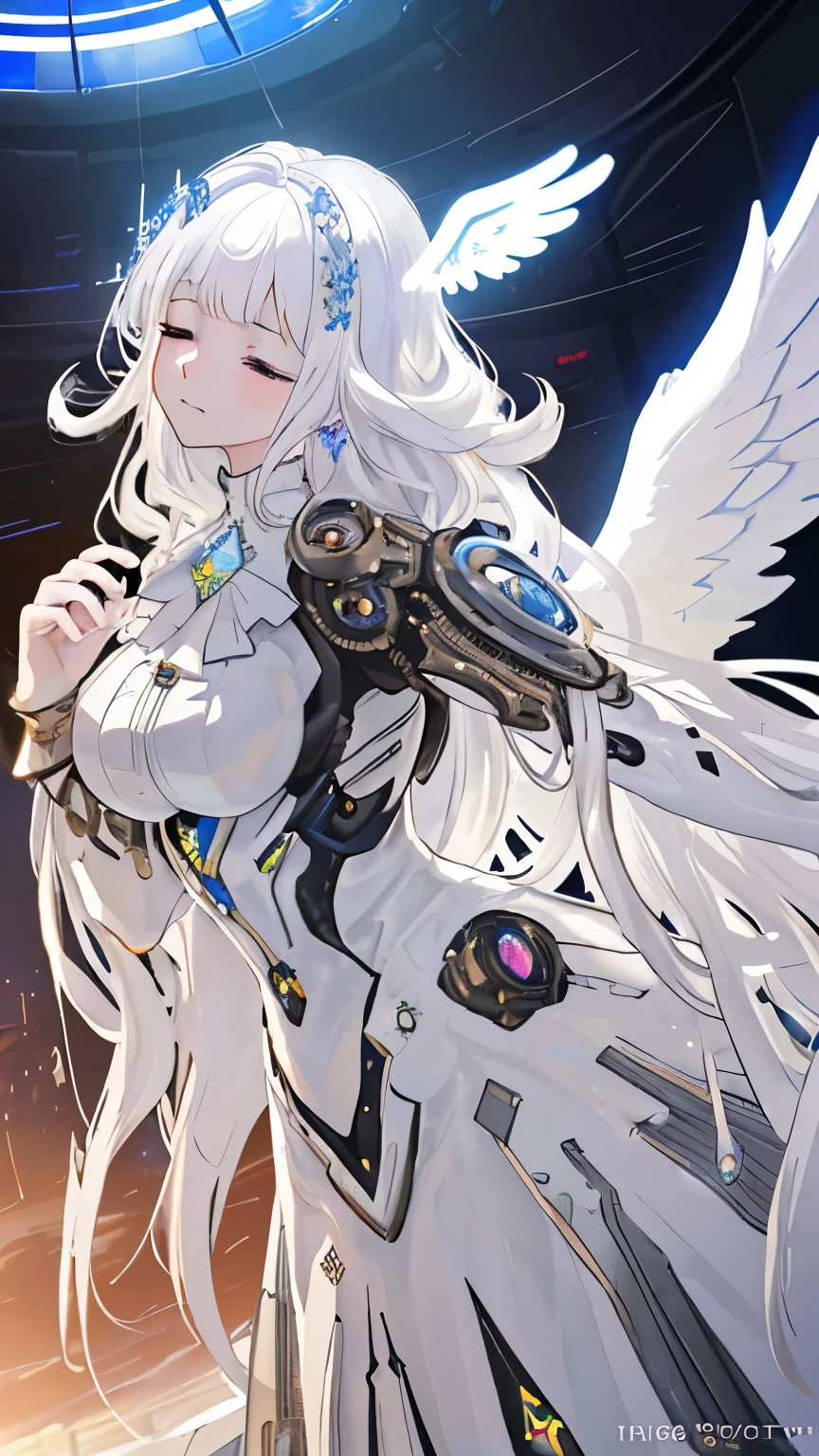 ((best quality)), ((masterpiece)), (detailed face and eyes:1.2), perfect face, white hair, curly hair, long hair, hairclip, closed eyes, crystal earrings, closed mouth, Futurism, interior architecture, cinematic lighting, backlighting, Steampunk, sci-fi, giant mechanical towers, A girl with angel wings on her back, wearing a pure white outfit, Offering a prayer, sunset