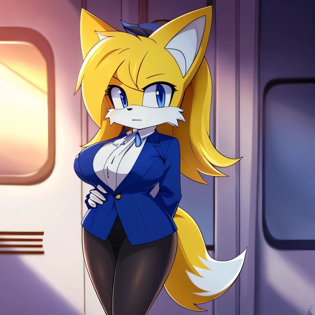 pentagram_harness, 4k, high resolution, best quality, masterpiece, perfect colors, perfect shadows, beautiful and detailed portrait of a (((feminine))), perfect lighting, posted on e621, (by Chunie, by Einshelm), furry, anthro, furry art, ((portrait)), Female fox, red fox, (two-toned fur), furry body black legs from foot to knee,fluffy, fluffy tail, body fur, animal nose,chin fluff, muzzle, Mane,Big fluffy chest tuft, big fluffy neck tuft,fluffy neck, fluffy chest, Lots of fluff, Beautiful brown eyes, fit body, perfect masculine body, detailed fur, detailed face, ((Bonifasko lighting)), fox tail, (detailed eyes), perfect pupils, Tall, brown long hair, Brown long messy hair, Wide hips, big legs, B cup breasts, Fluffy neck, Huge Fox tail, Arms white, flight attendant, sexy flight attendant clothing, sexy flight attendant clothes, plane interior background, knee-length skirt, slacks that end at the ankle, Blue open jacket, sitting with legs spread open, looking at viewer, Legs spread open, Legs open wide, looking at viewer, fishnets, fishnet stockings, leaning towards viewer, Teasing smile, vicible abs, no shirt, open jacket, Leaning forward