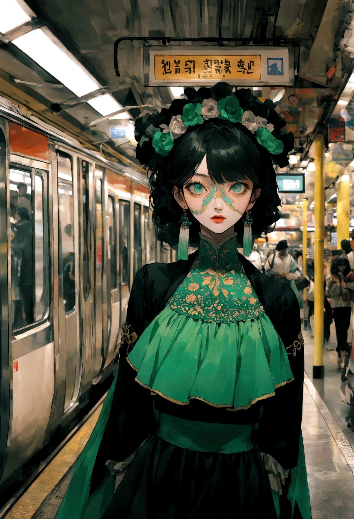 une dame en haut et short pose dans la station de métro, dans le style du blanc clair et du vert foncé, style mexicain traditionnel, forte expression du visage, Panasonic Lumix S Pro 50mm F/1.4, belle femme, empilement de focus, culture pop indienne