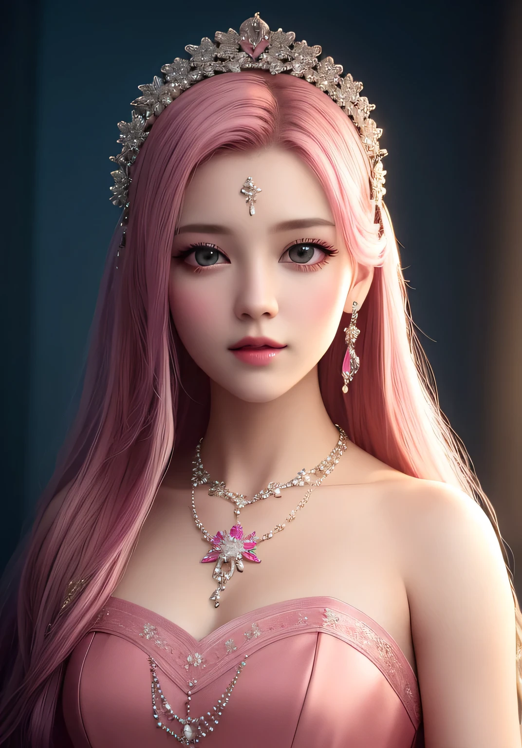 Best Quality, Masterpiece, High Definition, One Girl, Porcelain Dress, Pink Hair Accessory, Necklace, Pink Jewelry, Beautiful Face, Physical, Tindal Effect, Realistic, Dark Studio, Rim Light, Duotone Lighting, (Detailed Skin: 1.2), 8K Ultra HD, Digital SLR Ref, soft light, high quality, volumetric light, photography, high resolution, 4K, 8k, bokeh