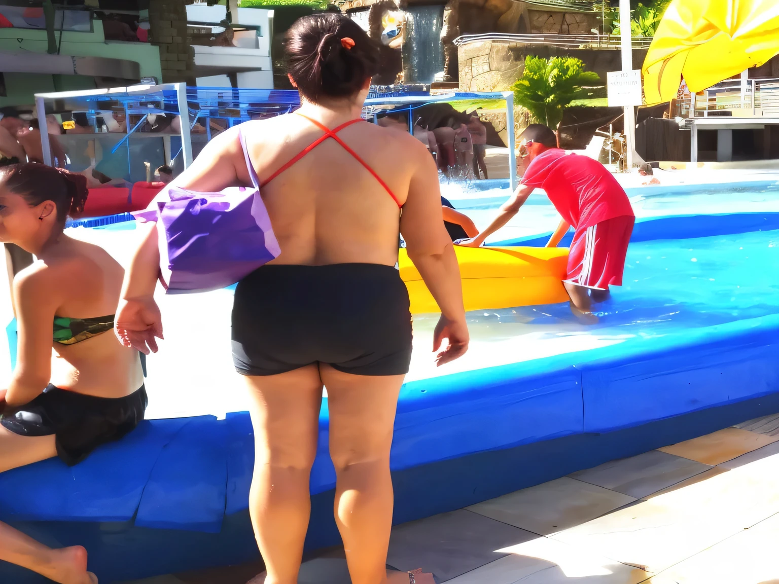 people are sitting on a ledge near a pool with a yellow slide, playing at swiming pool, water park, insanely inflated hips, seen from the back, back shot, uhd candid photo of dirty, back - shot, shot from the back, in water! up to shoulders, long shot from the back, view from the back, in a swimming pool