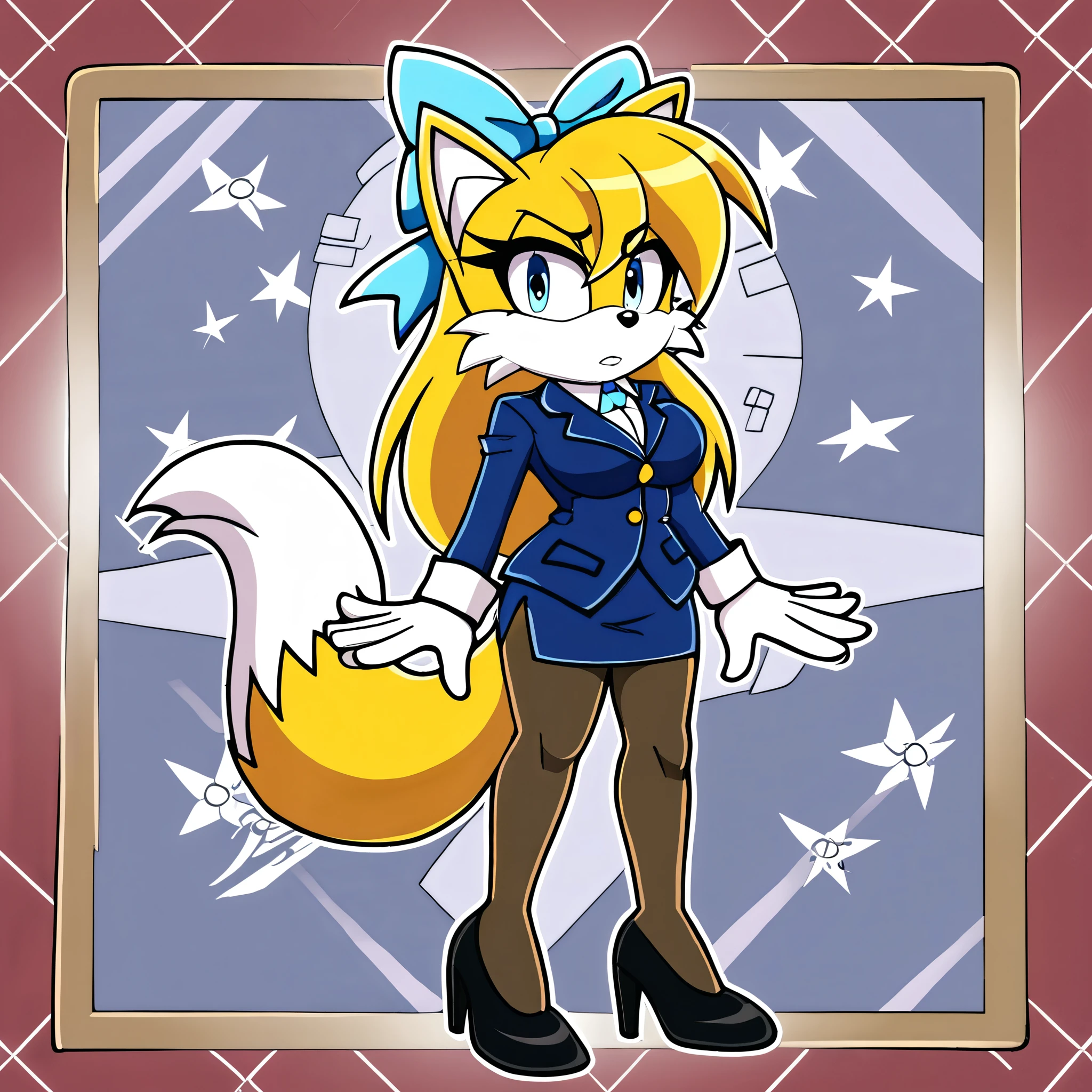 ((solo)), ((1girl)), Female, Mobian, Fox, (Female Fox), ((Tails the Fox)), Tails the Fox but female, (((light yellow fur))), (((long light yellow hair))), (fox tail), hair down, long hair, hair bangs, large hair bangs, light blue eyes, flight attendant dress suit, ((long sleeved blue blazer)), ((white cravat)), (blue pencil skirt), black pantyhose, large blue hair bow, large breasts, eyelashes, makeup, heels, (detailed background), lane of the inside of a plane, ((2D Anime Style)), solo, 1girl, standing, cute, confused expression
