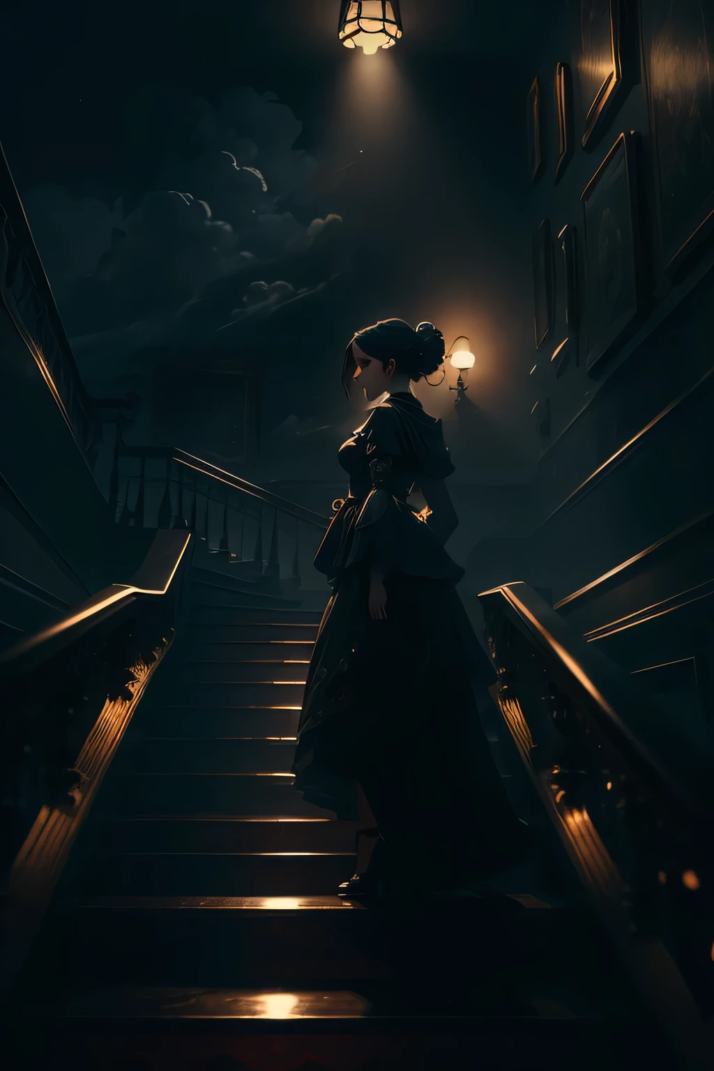 High-Definition Masterpiece, 32K Quality, (Striking Profile:1.2), High Detail:1.2, Distant Figure, African-American Woman, Escalating Staircase, Towering into the Sky, Swirling Clouds, Surreal Ambiance, Symbolizing , German Expressionism Inspired, Black and White Palette, Birds in Flight, Soaring Around Her, Artistic Silhouette, Ultra-HD Imagery, Dramatic Lighting, Moody Contrast, Intricately Detailed, Volumetric Lighting, 4K Rendering, Ultra-Photo Realism, Life-like Texture, Strik