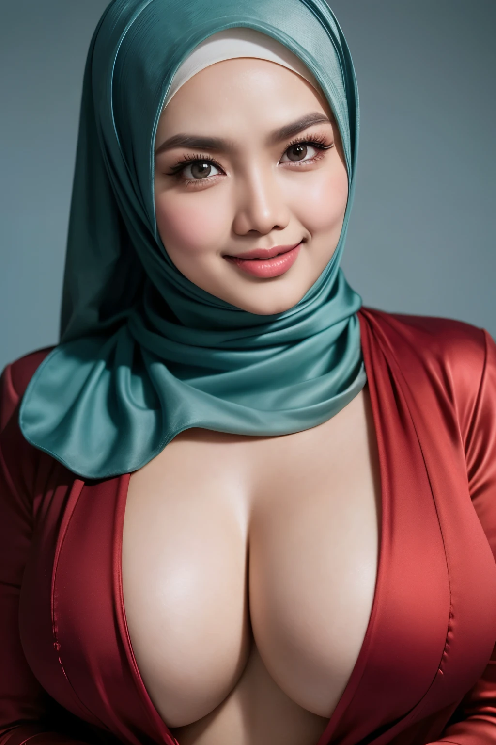 (((HIJAB))), matured malay woman in hijab wearing sexy satin red color pajamas portrait photography, mid shot photo, ultra detail, professional photograph with professional lighting, smile, light blue studio background, sexy seducing pose, curvy, (((BOOBS)))