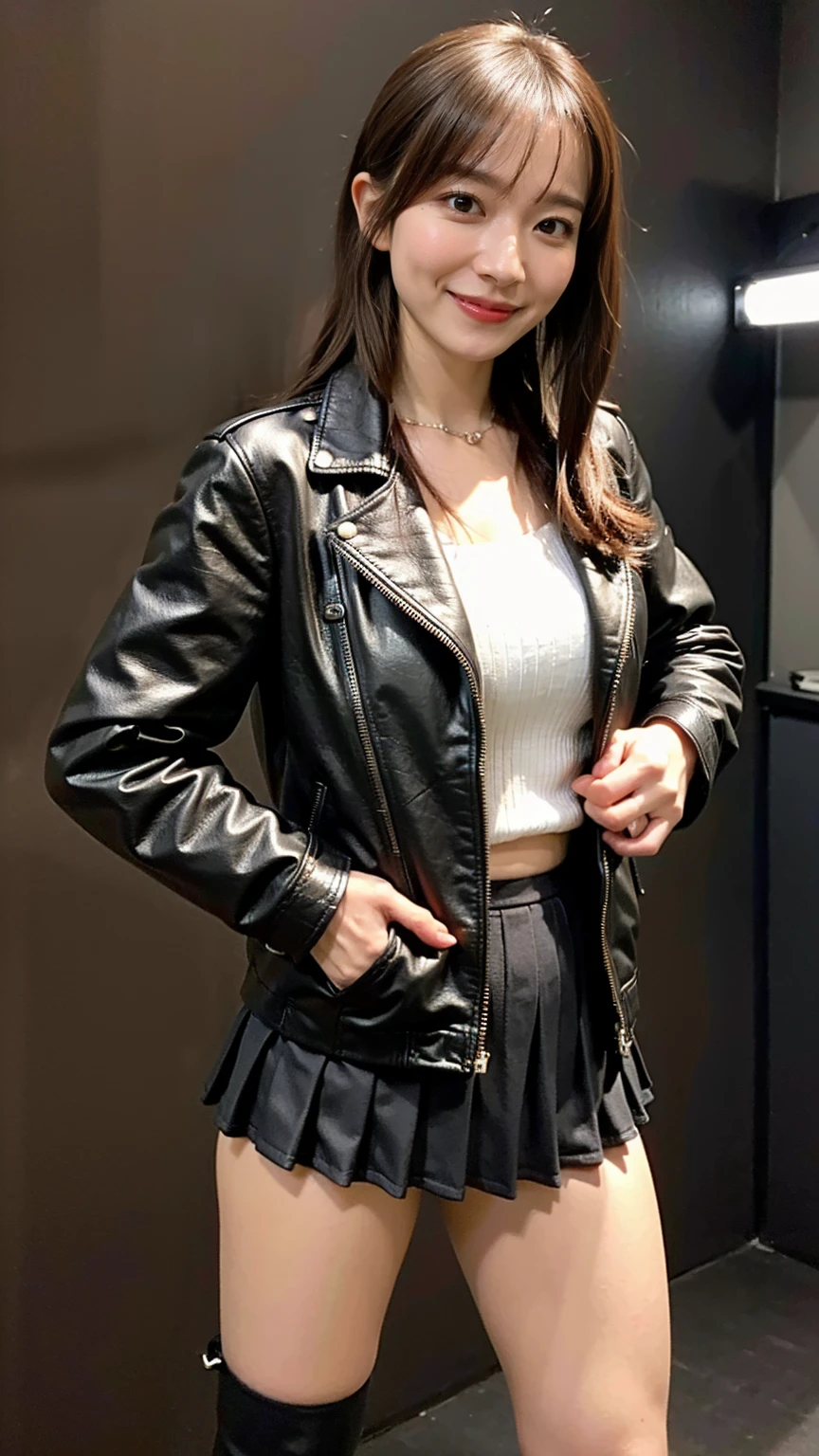 (8k、RAW Photos、highest quality、masterpiece:1.2)、(Realistic、Realistic)、1 girl、((Black pleated mini skirt、Large Breasts、The black、leather jacket、boots、whole body、Spotlight、stage、View from the front、Standing with hands on hips))、