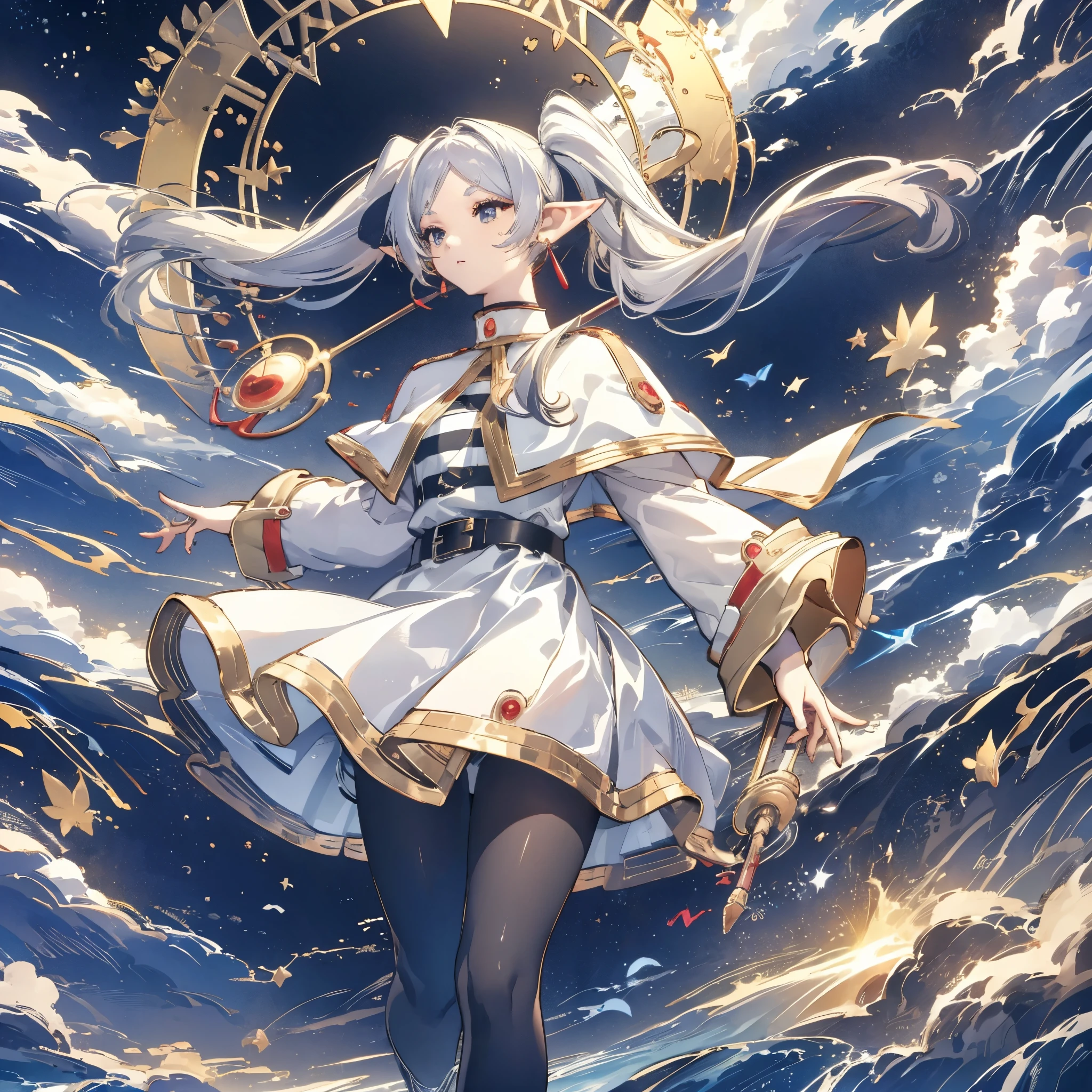 aafrie, long hair, white hair, twintails, pointy ears, earrings, thick eyebrows, white capelet, striped shirt, long sleeves, belt, white skirt, black pantyhose　high resolution　Holding a walking stick　magic circle　Beam from the wand　Streaks of Light　Shining Edge　Shining Background