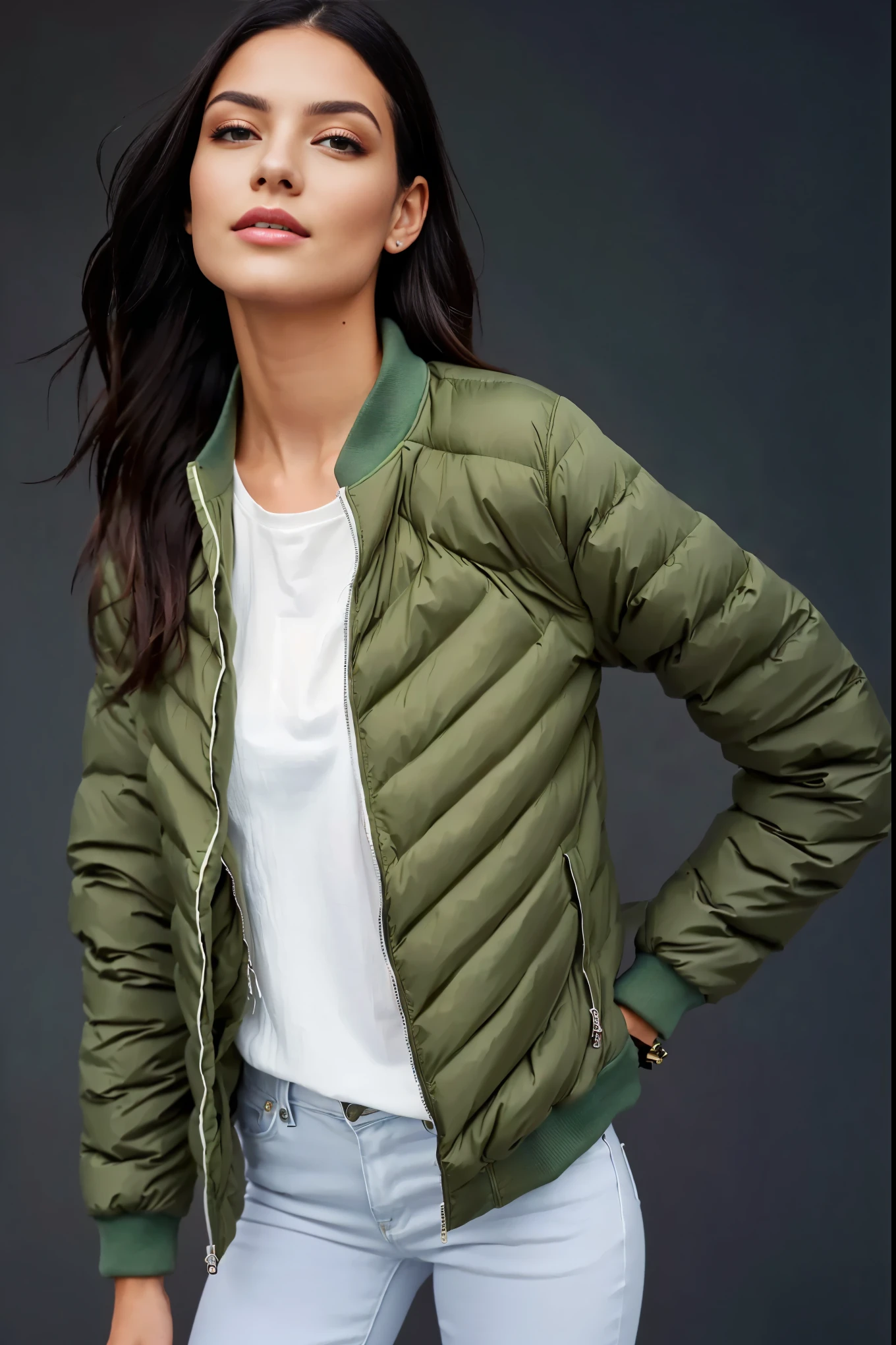 a woman in a green jaqueta and jeans posing for a picture, model wears a puffer jaqueta, puffer jaqueta, green colored bomber jaqueta, wearing green jaqueta, wearing dark green bomber jaqueta, jaqueta, Oliva green, inchado, wearing jaqueta, inspired by Gina Pellón, militares, Oliva, bomber jaqueta, wearing a turtleneck and jaqueta, versatile