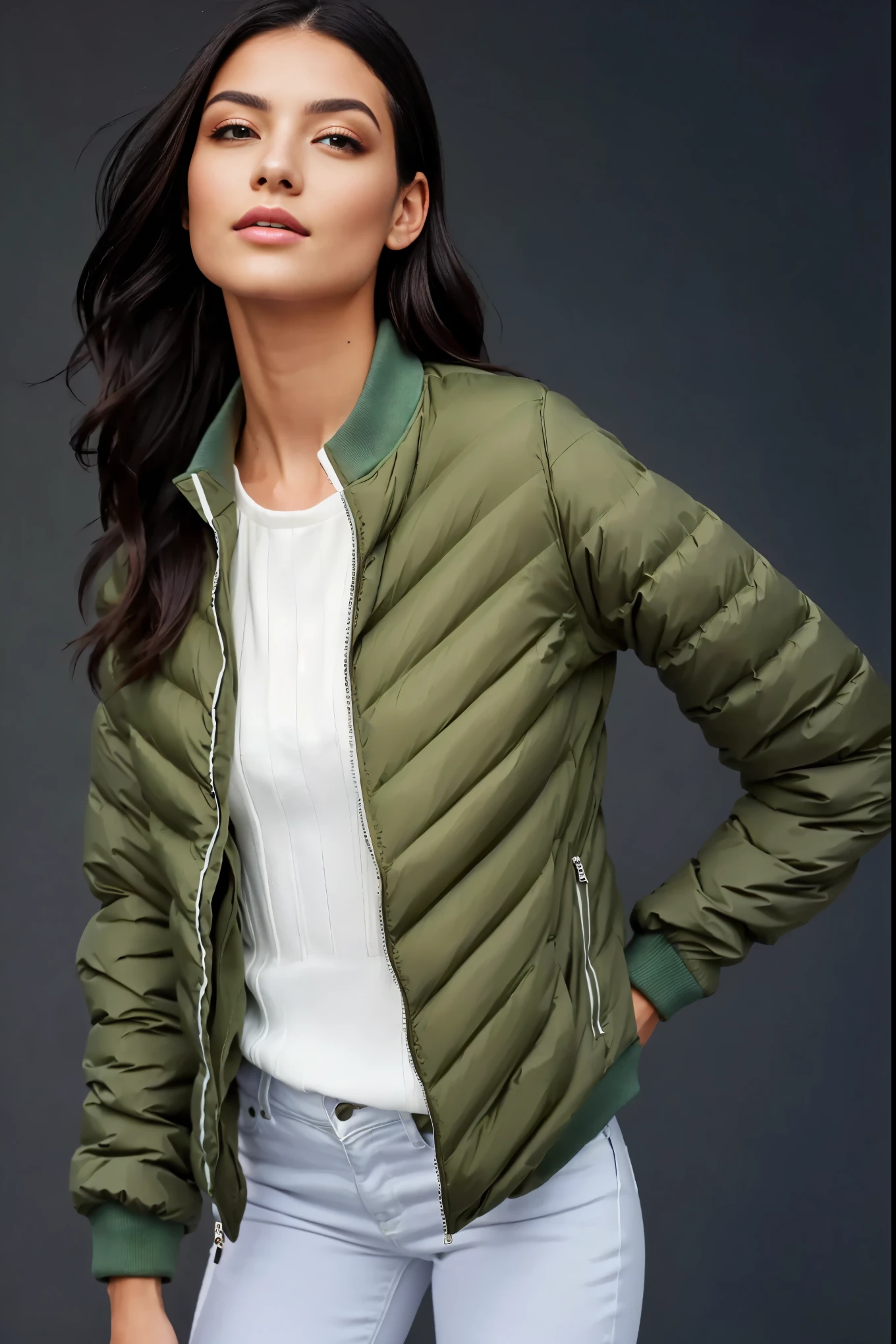 a woman in a green jaqueta and jeans posing for a picture, model wears a puffer jaqueta, puffer jaqueta, green colored bomber jaqueta, wearing green jaqueta, wearing dark green bomber jaqueta, jaqueta, Oliva green, inchado, wearing jaqueta, inspired by Gina Pellón, militares, Oliva, bomber jaqueta, wearing a turtleneck and jaqueta, versatile