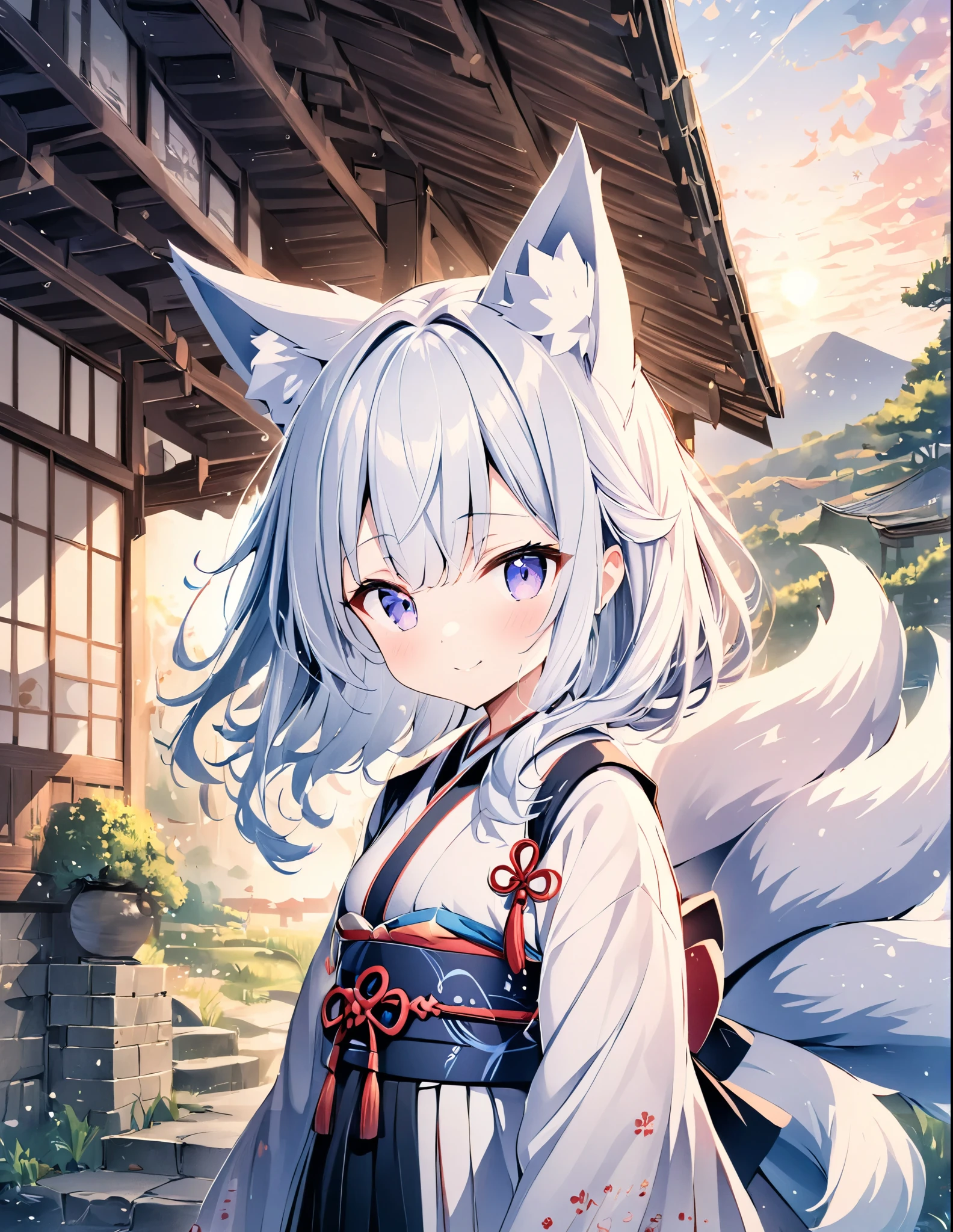 ((style:Colored pencil,pale colour))、(anime)、(masterpiece:1.2),atmospheric perspective,lens flare、nine tailed fox、girl、cute、Good old Japanese countryside、Subfox、One Girl、Fox Ears