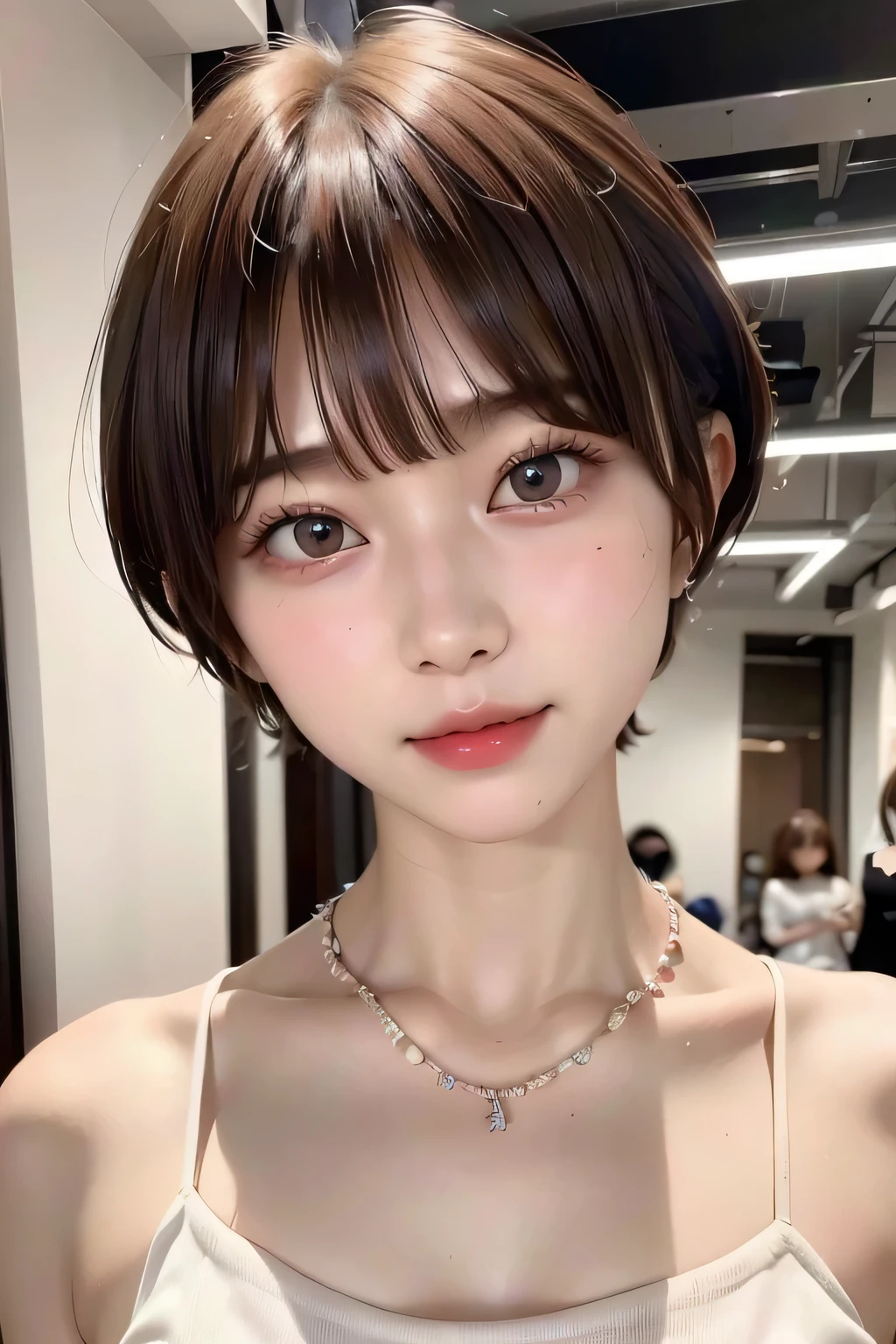 (highest quality:1.4)、(masterpiece:1.4)、RAW Photos、8k、((Best image quality))、 ((High resolution))、Beautiful face in every detail、Realistic human skin、Gentle expression、(One Woman:1.3 )、Realistic、Photorealistic、(short hair:1.4)、(Beautiful woman)、(Cute Japanese Girl)、(boyish:1.3)、(mannish)、((Beautiful woman))、(Beautiful Hair)、((Dark brown hair))、(((Red cheeks)))、(Her eyes are big:1.3)、20 year old beauty、(Her face is small:1.5)、Small Head、((Long neck))、Pale skin、Immaculate skin、With bangs、Everyone longs for、Beautiful woman in Japan、((eight-headed body))、(necklace)、(fashion magazine:1.3)、(Fashion Model:1.3)、smile、Happy expression、(She has a lot of fans:1.*******ung women respect her))、Charismatic Model、(She has a lot of fans:1.4)、enjoy、Red cheeks、(Blushing)、(Putting on makeup)、White Dress