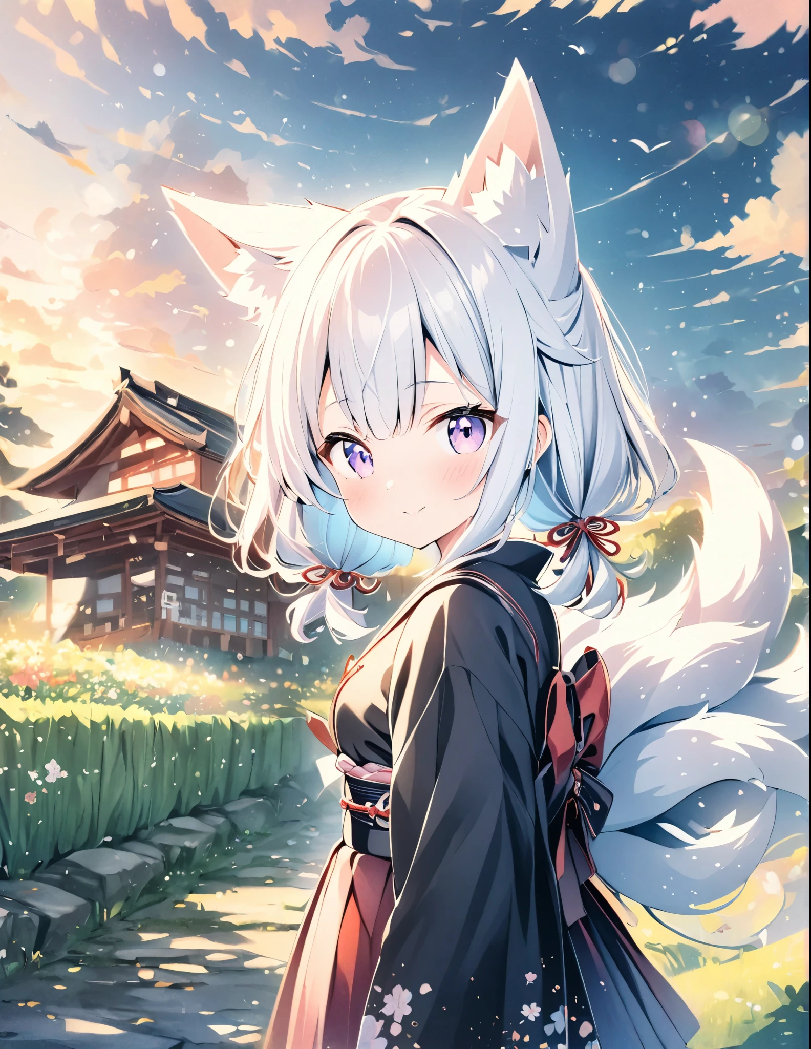 ((style:Colored pencil,pale colour))、(anime)、(masterpiece:1.2),atmospheric perspective,lens flare、nine tailed fox、girl、cute、Good old Japanese countryside、Subfox、One Girl、Fox Ears