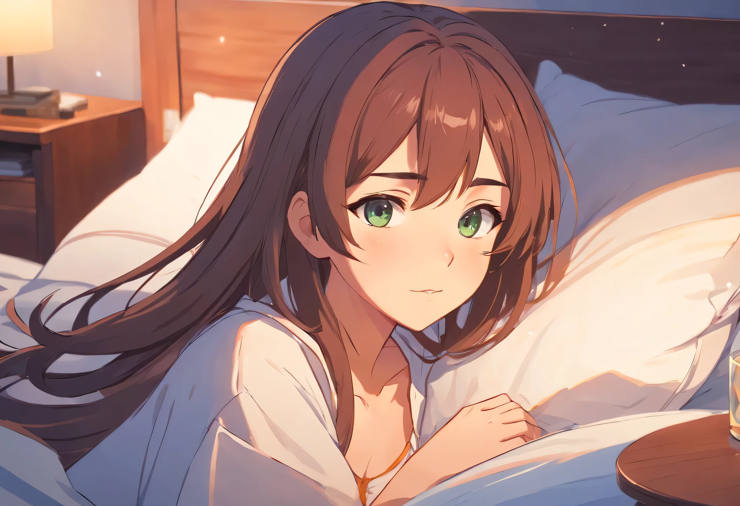 beautiful female character, with long hair in bed