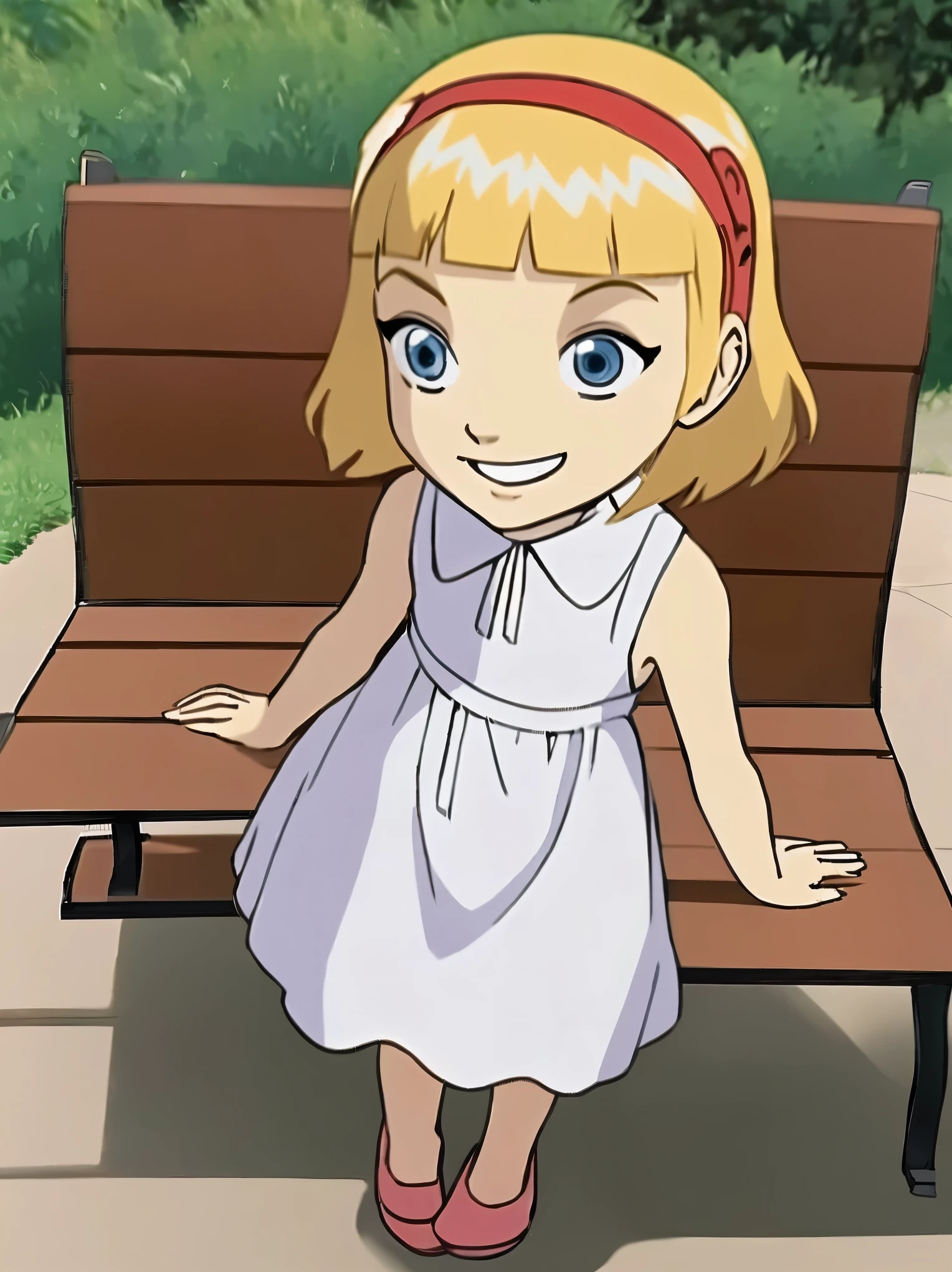 W.I.T.C.H., Lillian Hale, small_child, female_child, petite_body,short, short hair, blond hair, blue eyes,full body view, white sundress, without sleeves, standing, happy face, by bench, in summer park,