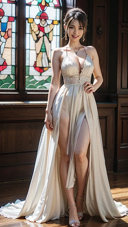 highest quality, Realistic, Very detailed, finely, High resolution, 8k wallpaper, Beautiful woman,, Brown hair short ponytail, (Silk wedding dress), Perfect dynamic composition, finelyて美しい目, Ample breasts, Realistic , smile, Model Body Type、Earrings,garnet necklace,(Wearing a watch 1),Beautiful legs,(Beautiful stained glass church),Full Body Shot:1.3,Smile and laugh,