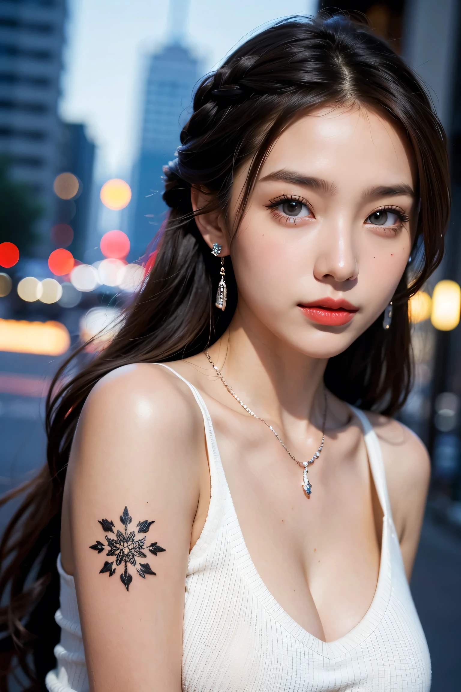 Beautiful college girl in the city, masterpiece, light makeup, red lips, silver hair, messy long hair, city background, beautiful, elegant. Very fine details, masterworks, authentic texture, cinematic lighting realism, perfect job, 16k, high resolution, exquisite features, blue eyes, Japanese idol, beautiful face, cute smile, brown hair, beautiful hair, braids, attractive, big breasts, erect nipples, greasy muscles, shiny skin, tanned skin, shining black skin, sexy knit sweater, bright big eyes, smooth skin, earrings, necklace, tattoo