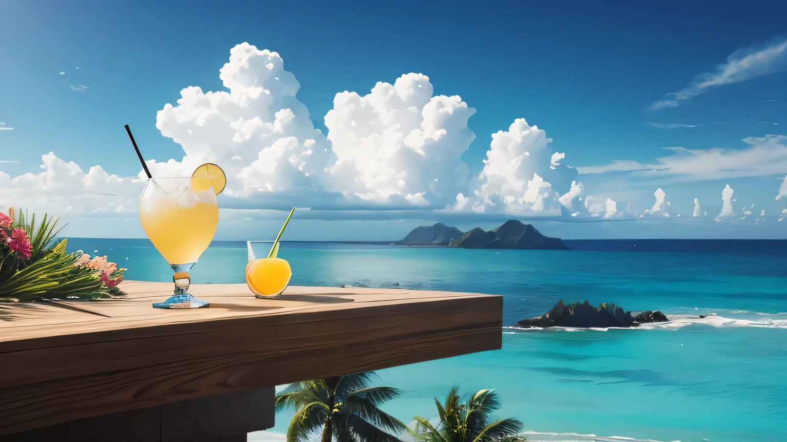 cocktails, world, no humans, landscape, summer, Sky, cloud, sea, blurred background, masterpiece, best quality, Ultra-detailed