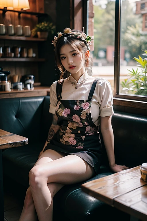 ((Benevolent voluptuous ((Laotian)) 18 yo barista)) sitting at wooden table while intently reading book, (wearing tight baristas uniform), wearing floral headpiece, tattoos on arms and legs, wearing smartwatch, high quality photo, sitting in the middle of the quiet (goth themed cafe with copious potted cannabis sativa plants) during golden hour, French press coffee on table