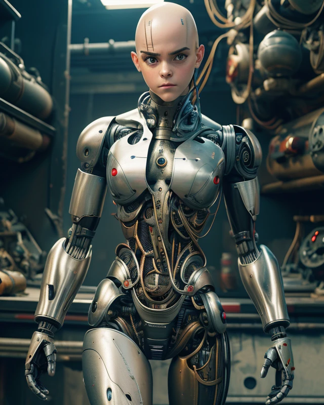 A bald cyborg Emma Watson, with loose wires, metallic skin, hoses, exposed torso, androidperson, mark brooks, david mann, robot brain, made of steel, hyperrealism, post-apocalyptic, mechanical parts, joints, mecha, j_sci-fi