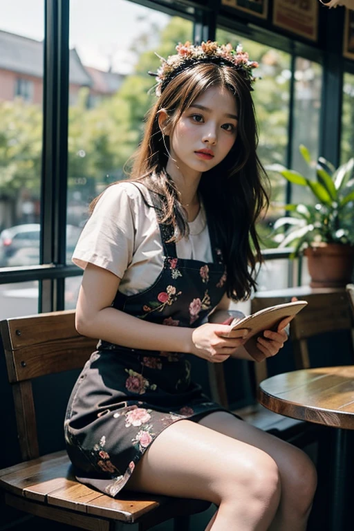 ((Benevolent voluptuous ((Laotian)) 18 yo barista)) sitting at wooden table while intently reading book, (wearing tight baristas uniform), wearing floral headpiece, tattoos on arms and legs, wearing smartwatch, high quality photo, sitting in the middle of the quiet (goth themed cafe with copious potted cannabis sativa plants) during golden hour, French press coffee on table