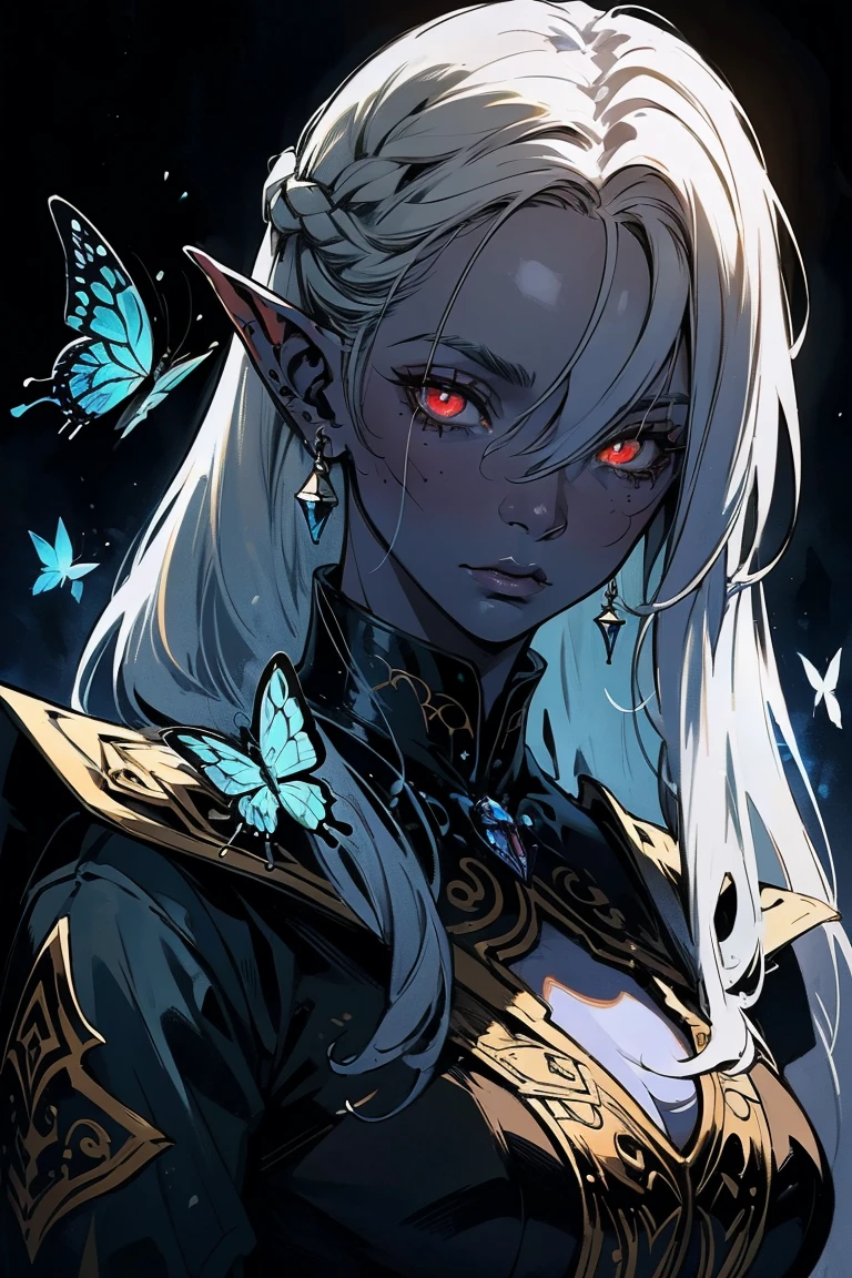 high quality: 1.3, cinematic frame, masterpiece, detailed portrait, close-up, (elven long ears) ((drow)) (beautiful young woman with blue skin), fantasy, still proud and cruel, hairstyle, (long white hair), ((Red eyes)), Gloomy face, Stern face, stern look, ((butterflies)), detailed leather armor with straps, night, (very detailed skin), (detailed face), detailed background, dark lighting, crepuscular lighting, volumetric lighting, complex parts, UHD