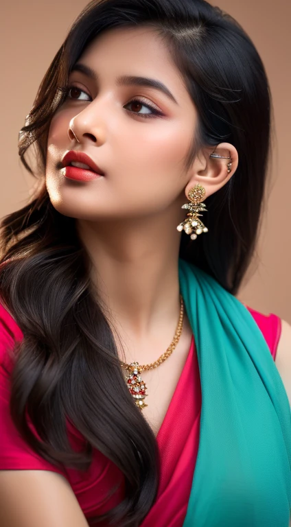 Create a 24-year-old Indian girl with kind beautiful eyes, masterpiece), (best quality:1.7), (finely detailed eyes and detailed face), (detail:1.3, best quality, (ultra-detailed), (an extremely delicate and beautiful),cinematic light, dynamic angle, floating, (best quality:1.3),((disheveled hair:1.2),( beautiful detailed eyes:1.1), Indian girl, wearing teal, magenta , red saree, t shirt , very big sharp breast , charming face , seductive pose, meadows background , bokeh , flower on hair, tight blouse hooks, with slightly wavy hair, beautiful lips, an attractive necklace, beautiful slim ears, and wearing a light chain around her neck,