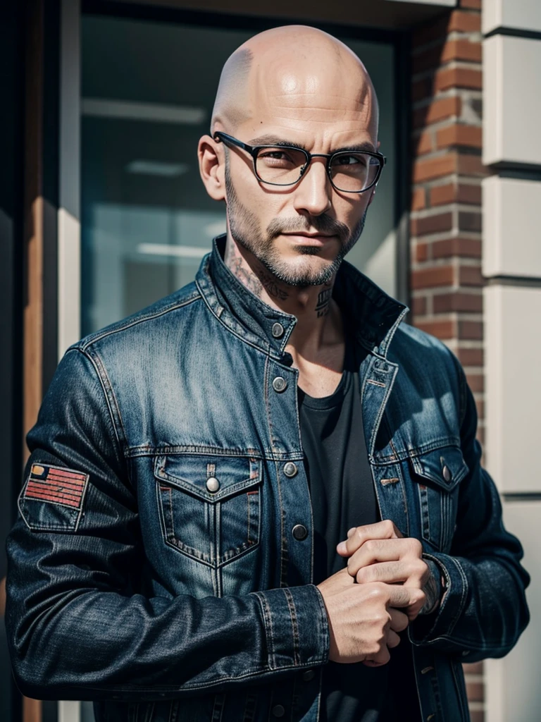 man 40 years old, name is Maxim, bald, with 3 day stubble, black denim jacket, programmer, hand tattoos