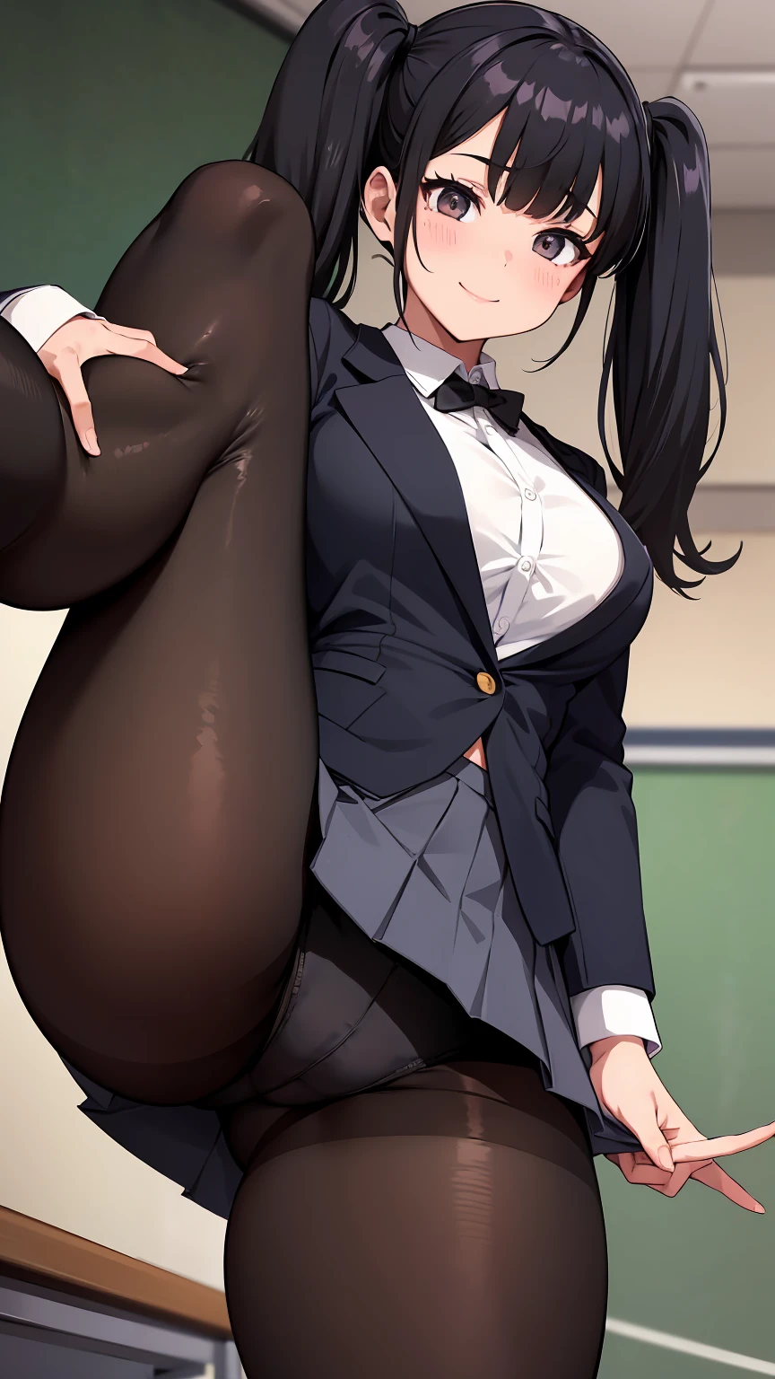 One Girl, Five Fingers, mini skirt, Looking down at the viewer, Twin tails, highest quality, Focus on the thighs, Dynamic pose, smile, blazer, blouse, Black Pantyhose, panties under pantyhose, Standing Split, classroom, Black Hair, Stylish pose,Thick thighs、My crotch is steaming 、Spread your legs