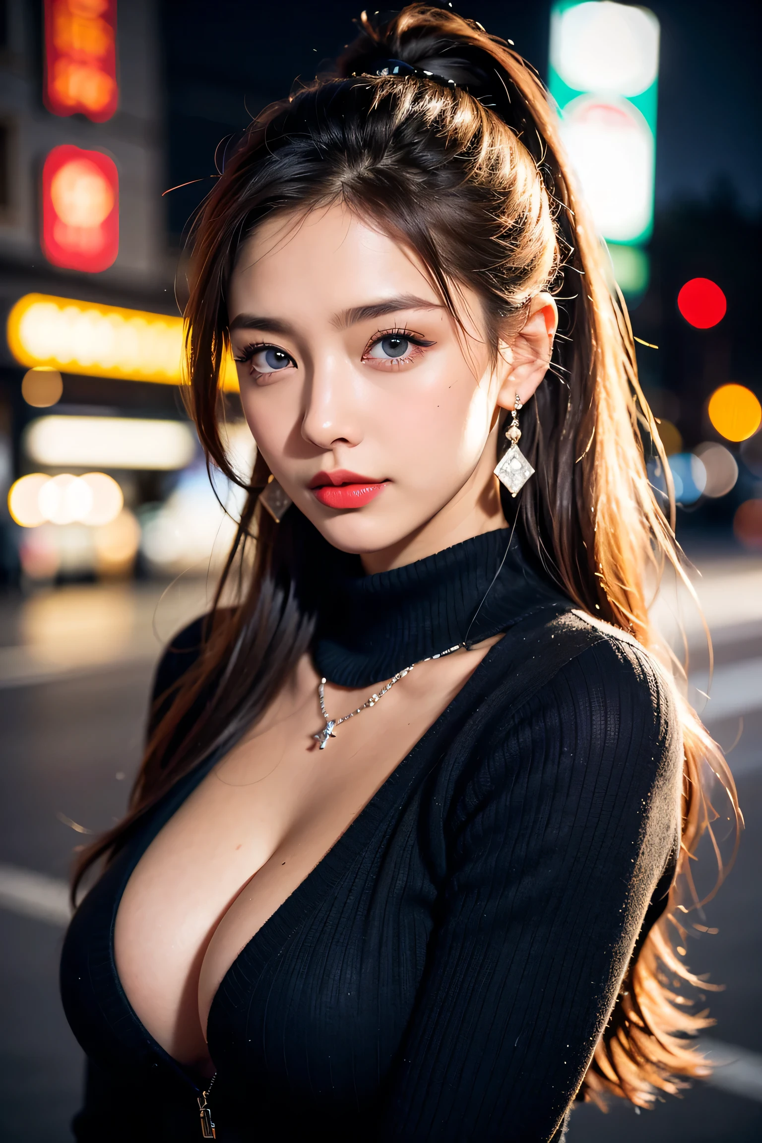 Beautiful college girl in the city, masterpiece, light makeup, red lips, silver hair, messy long hair, city background, beautiful, elegant. Very fine details, masterworks, authentic texture, cinematic lighting realism, perfect job, 16k, high resolution, exquisite features, blue eyes, Japanese idol, beautiful face, cute smile, brown hair, beautiful hair, ponytail, attractive, big boobs, erect nipples, greasy muscles, shiny skin, tanned skin, shiny black skin, sexy knit sweater, cleavage, wet, bright big eyes, smooth skin, earrings, necklace, tattoo