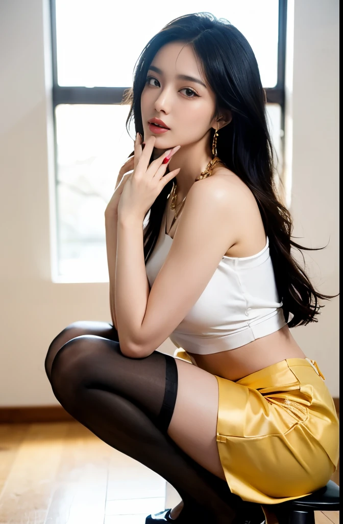 (masterpiece:1.3), (8 thousand, realistic, RAW photos, best quality: 1.4), (1 woman),(sheer silk blouse), (short skirt), (양다리와 양발에 realistic 스타킹신고), (Stockings on both legs), (Wearing high heels on both feet with stockings), (full body shot), (Sitting on a chair), (Beautiful makeover), (very beautiful body) , (Realistic and very beautiful face), (long eyelashes), (double eyelid), (Very beautiful eyes, realistic and delicate), (big bust) , (Strong body through exercise), (beautiful abs), (Beautiful heaps), (tall), (black hair. parted, long hair:1.3), (아름다운 parted스타일), (realistic and beautiful skin), (ultra high resolution), (very detailed), (golden ratio), (Two long, realistic and beautiful legs), (realistic 팔), (necklace), (earring),(beautiful nails manicure), (So beautiful and sexy)