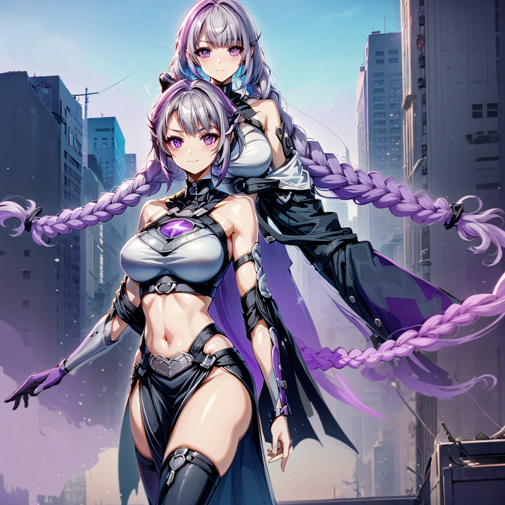 highest quality、Masterpiece、Official Art、Super detailed、super beautiful、Man and woman couple、A couple is smiling happily with their foreheads touching and looking down、Embarrassed、Very important、We need each other、yinji, purple eyes, long hair, twin braids, purple hair, multicolored hair, elbow gloves, bangs, very long hair,bare shoulders, black skirt, grey hair, dress, smile, side cutout,covered navel, side cutout,