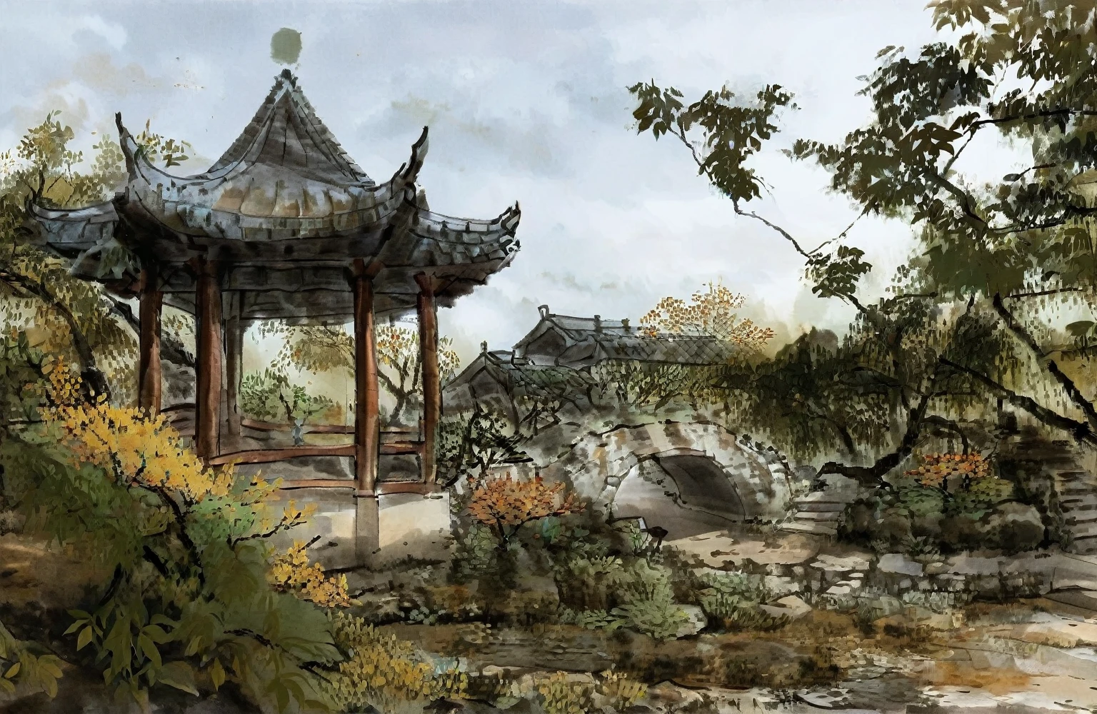 This is an ink painting,Freehand ink painting,Fan Zeng style,garden,Bridge Leaves Color Ochre(,(Small green))There is a pagoda in the middle of the garden.,There is another bridge, ancient Chinese Architecture, Chinese Architecture,Chinese Village, 后面美丽的古garden,Thick fog,((Heavy fog)),Ink painting effect,International Art Exhibition Award-winning Works,masterpiece,